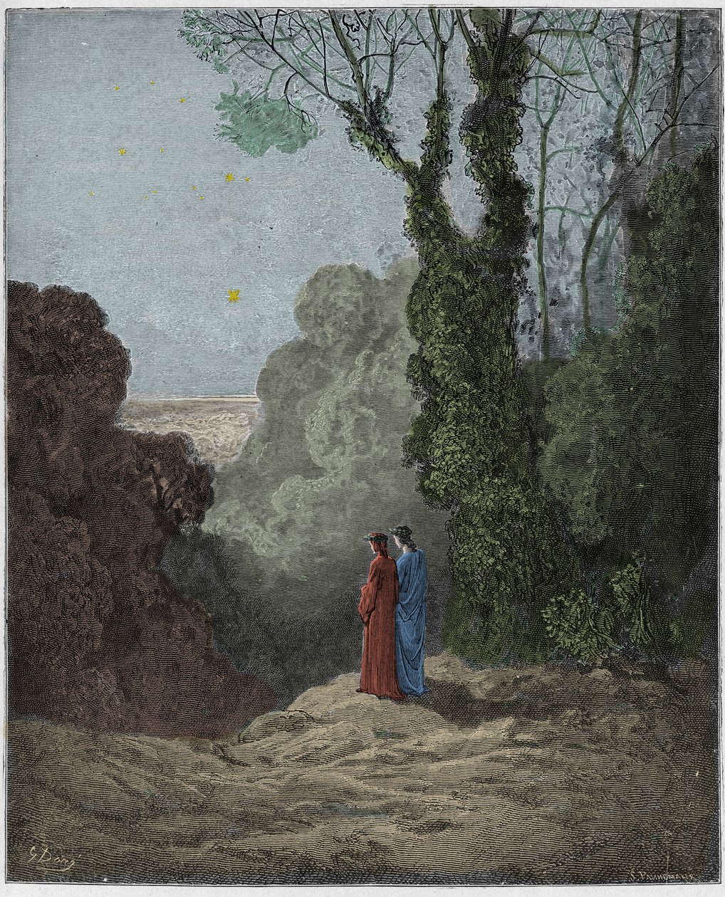 Purgatorio, Canto 1: I poeti contemplano la bellezza di Venere nel cielo del mattino (illustrazione dalla Divina Commedia di Dante Alighieri, 1885) da Gustave after Dore