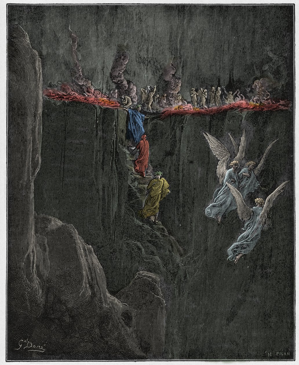 Purgatorio, Canto 25: Virgilio e Dante ascendono al settimo cerchio attraverso le fiamme (illustrazione dalla Divina Commedia di Dante Alighieri, 1885) da Gustave after Dore