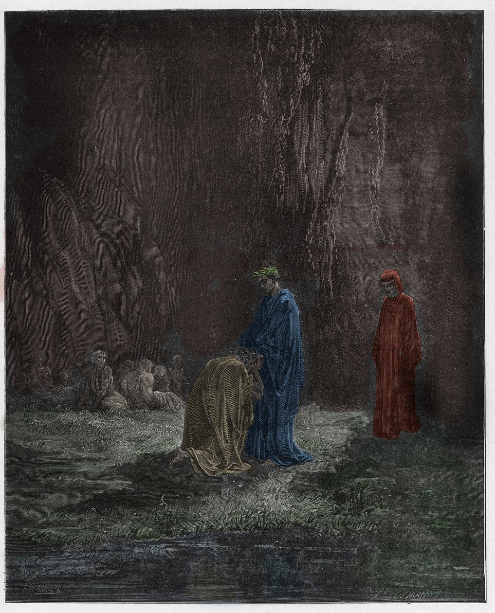 Purgatorio, Canto 7: Il poeta Sordello, stupito, si inginocchia davanti a Virgilio, illustrazione dalla Divina Commedia di Dante Alighieri, 1885 da Gustave after Dore