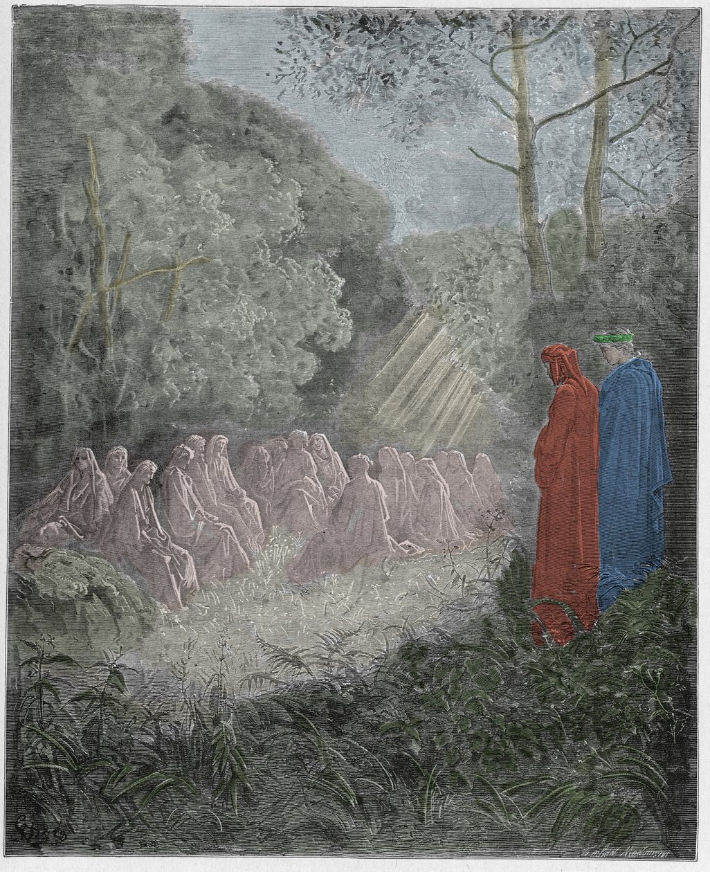 Purgatorio, Canto 7: Gli spiriti cantano Salve Regina nella valle (illustrazione dalla Divina Commedia di Dante Alighieri, 1885) da Gustave after Dore