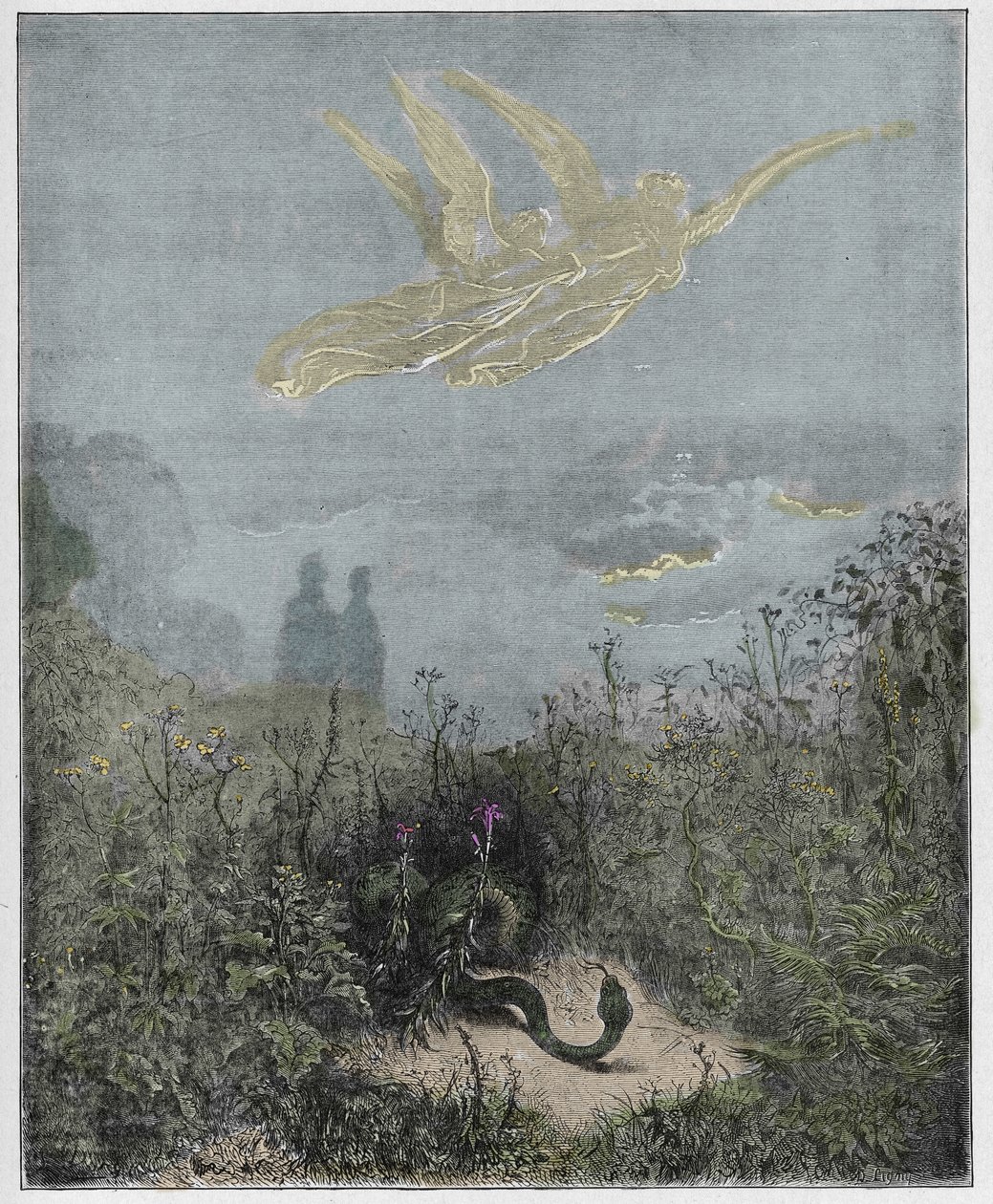 Purgatorio, Canto 8: Gli angeli scacciano il serpente (illustrazione dalla Divina Commedia di Dante Alighieri, 1885) da Gustave after Dore