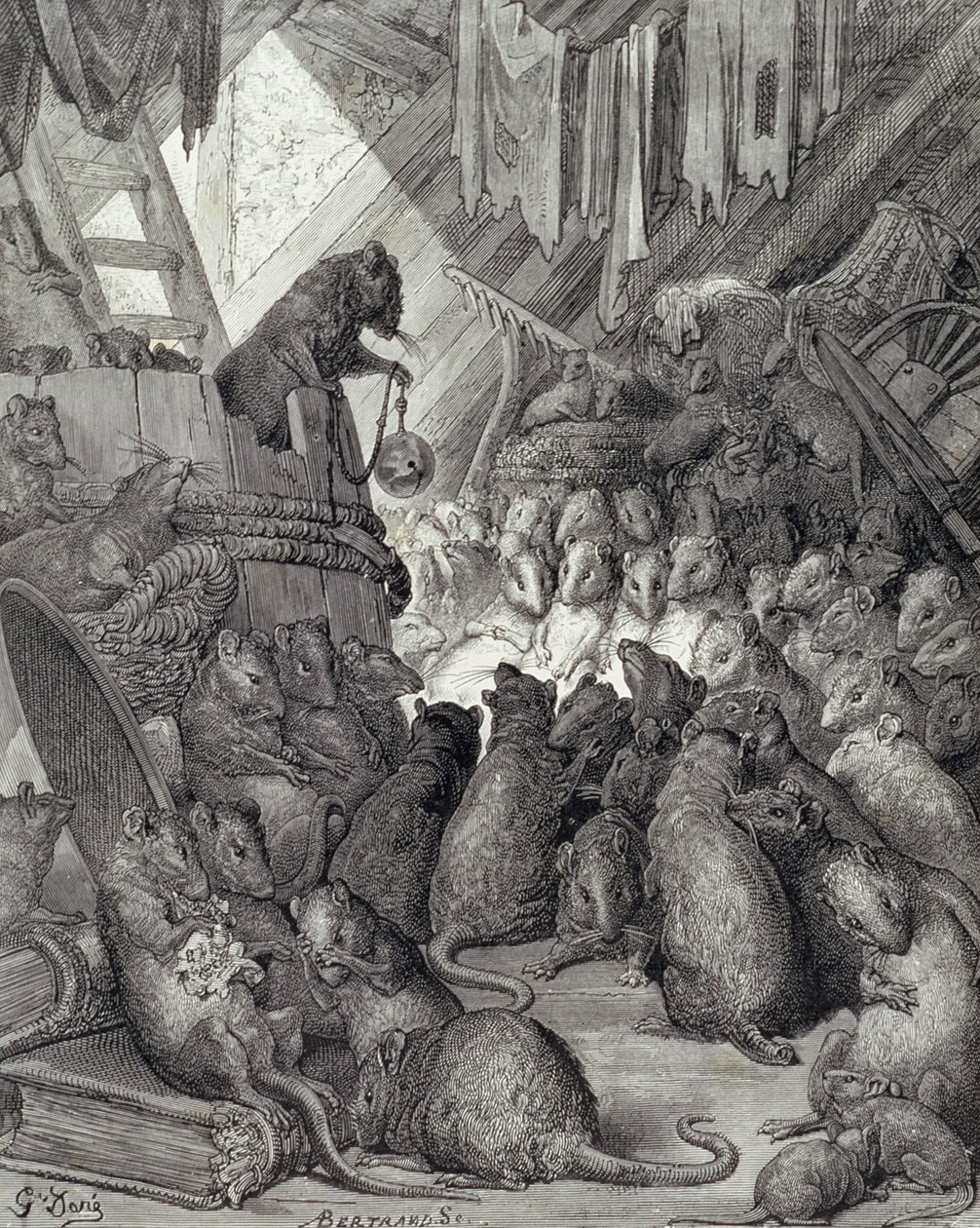 Il consiglio tenuto dai topi, dalle Favole di La Fontaine, inciso da Antoine Valerie Bertrand (n.1823) c.1868 da Gustave (after) Dore