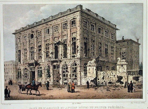 Il Café Amitie e il Vecchio Hotel du Prince Frederic, Bruxelles, dopo i combattimenti del 23-26 settembre 1830, inciso da Jean Baptiste Madou (1796-1877) da Gustave Adolphe (after) Simoneau