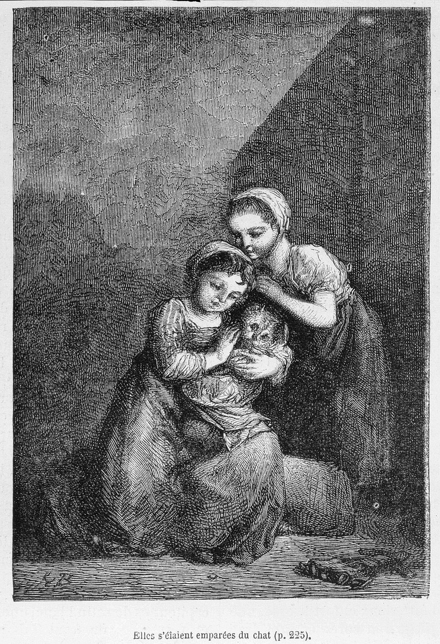 Cosette e la sua amica e il gatto - in "Les Misérables" di Victor Hugo, ill. di Brion, ed. Hetzel e Lacroix da Gustave Brion