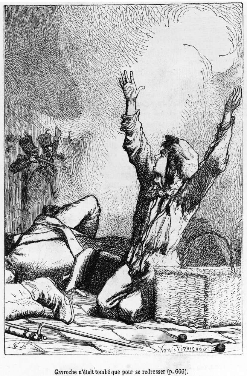 Gavroche cadde solo per rialzarsi, illustrazione da 