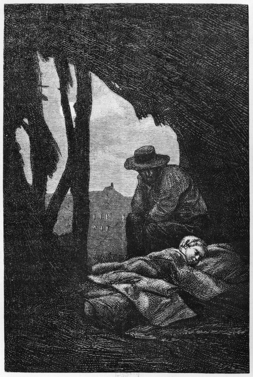 Jean Valjean veglia su Cosette addormentata, illustrazione da 