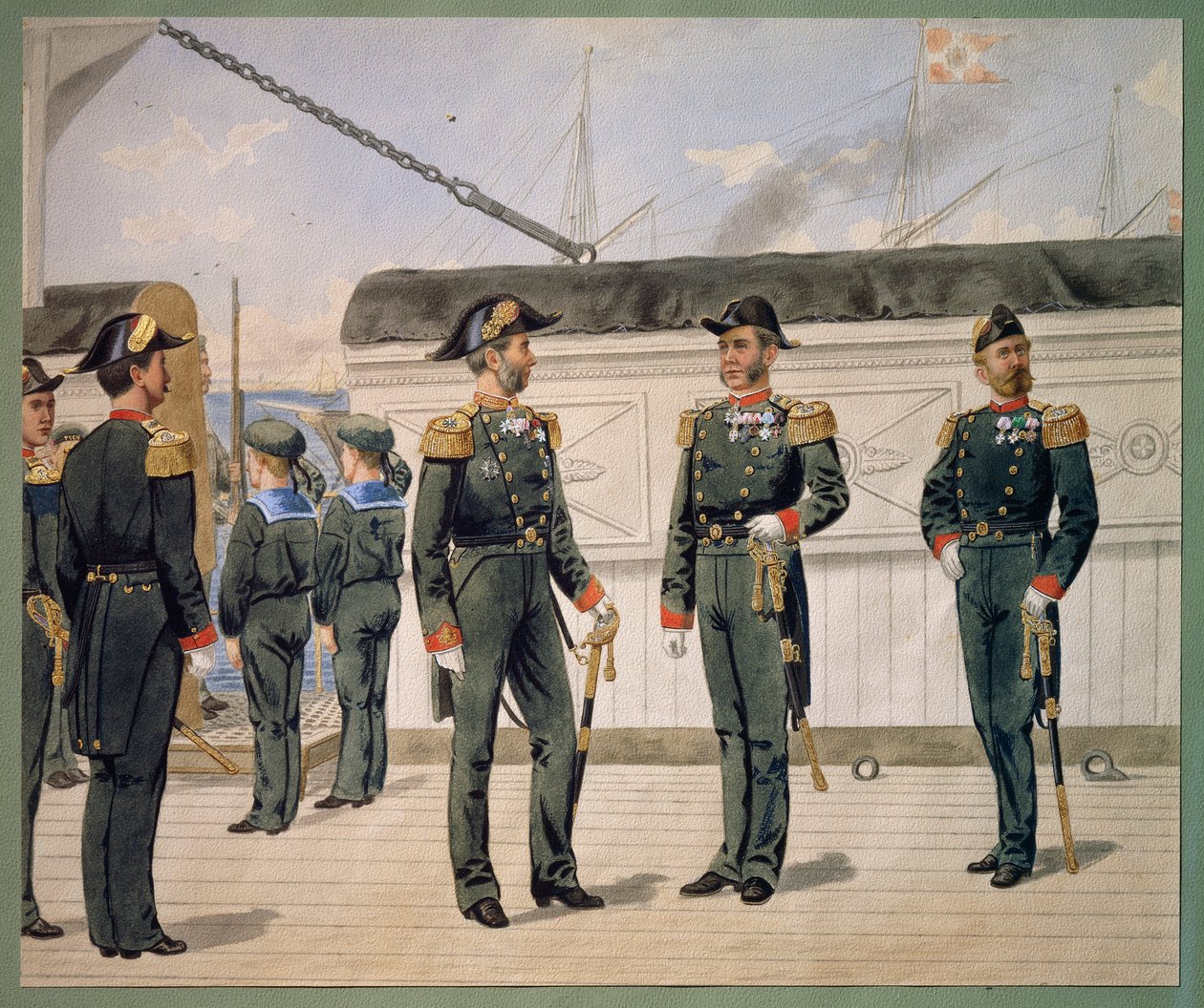 Ufficiali della Marina Danese in uniforme da cerimonia. Acquerello di Gustav Brock da Gustave Brock