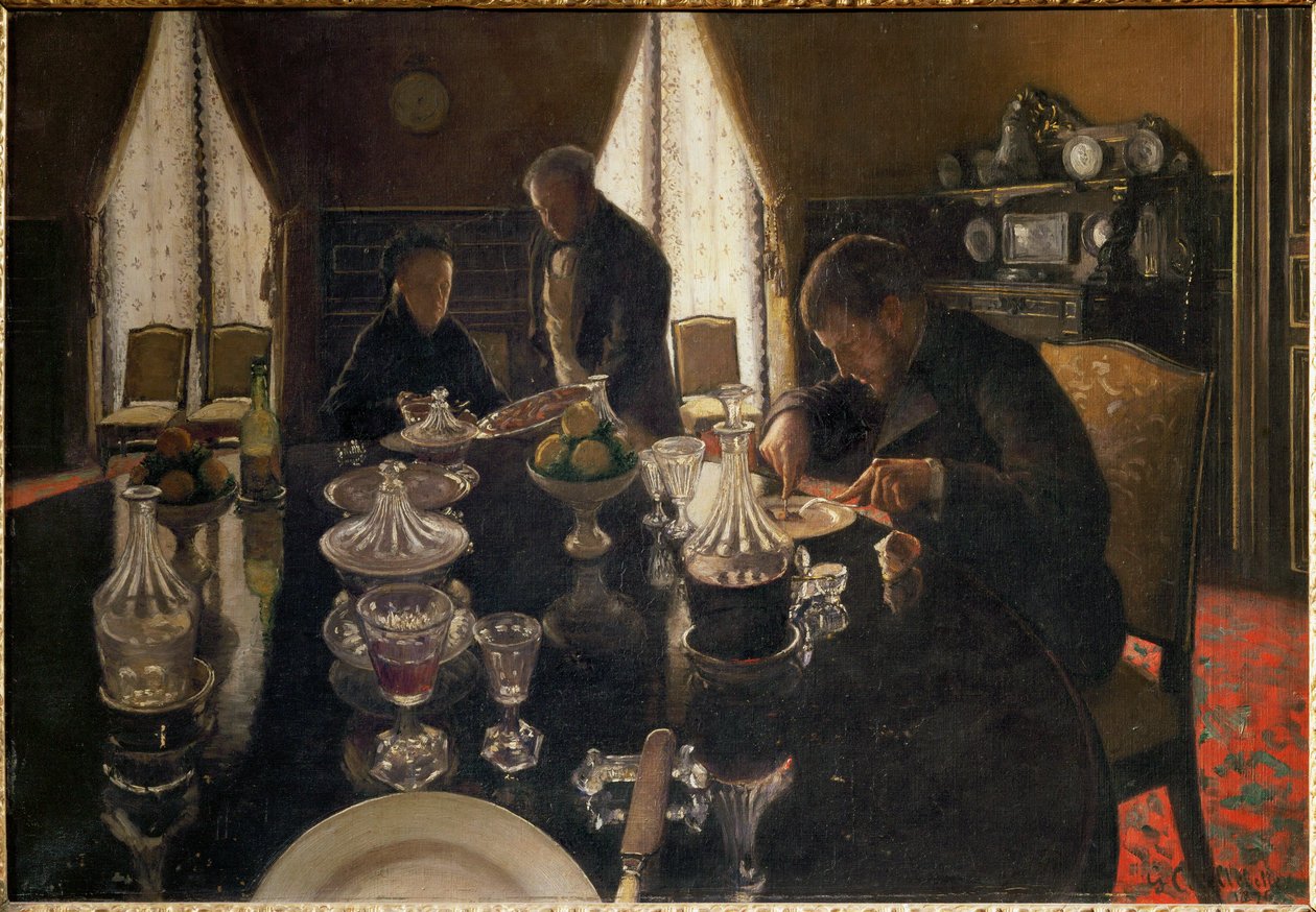Diner - Cena in rue Miromesnil, la casa della famiglia Caillebotte (olio su tela) da Gustave Caillebotte