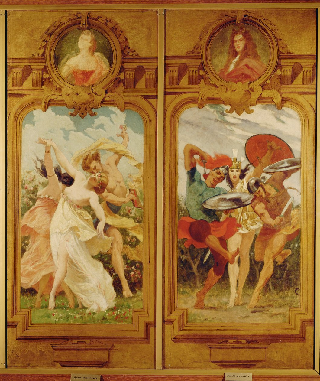 Il Foyer de la Danse presenta quattro murales di Boulanger che raffigurano una Danse amoureuse, una danza degli innamorati, e una Danse guerriere, una danza di guerra... (pittura murale) da Gustave Clarence Rodolphe Boulanger
