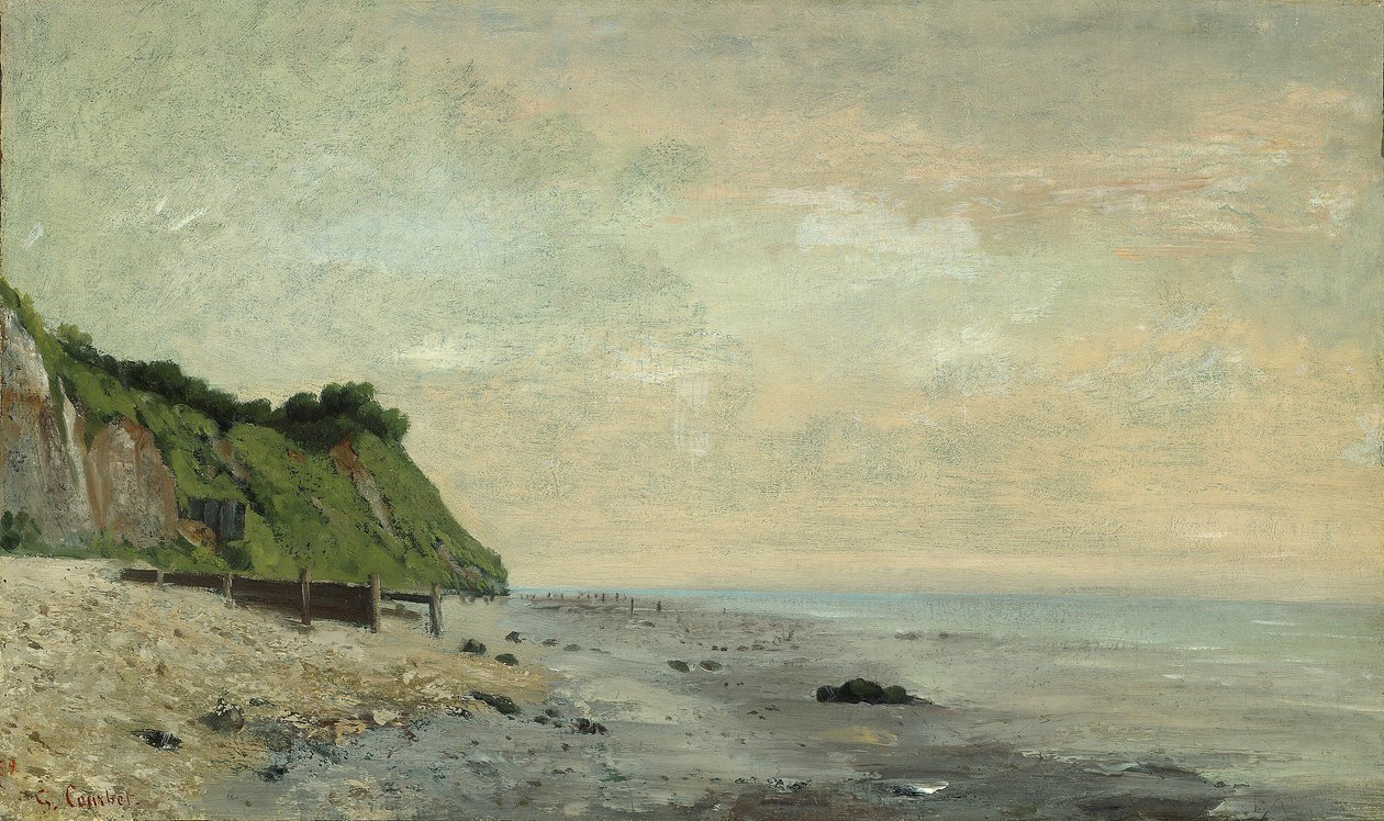 Scogliere sulla costa: Piccola spiaggia, alba (Falaise au bord de la mer, vu Petite Plage, soleil levant) da Gustave Courbet
