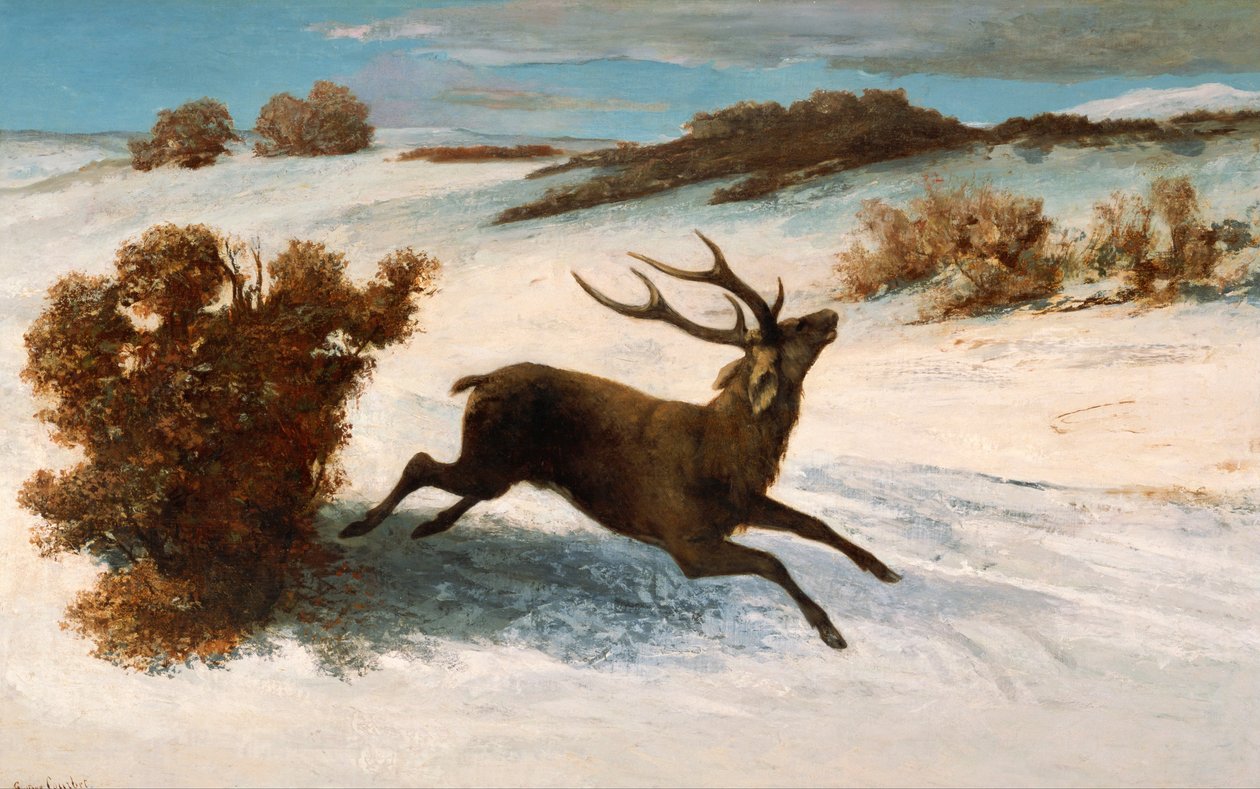 Cervi che corrono nella neve. da Gustave Courbet