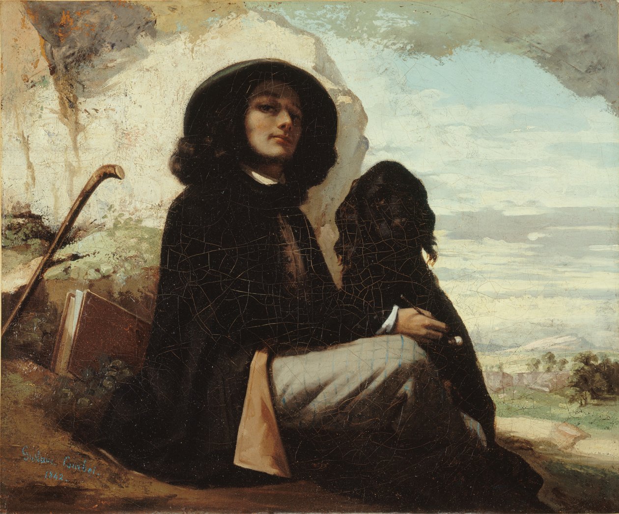 Francese:  Autoportrait dit Courbet au chien noir Autoritratto con cane nero da Gustave Courbet