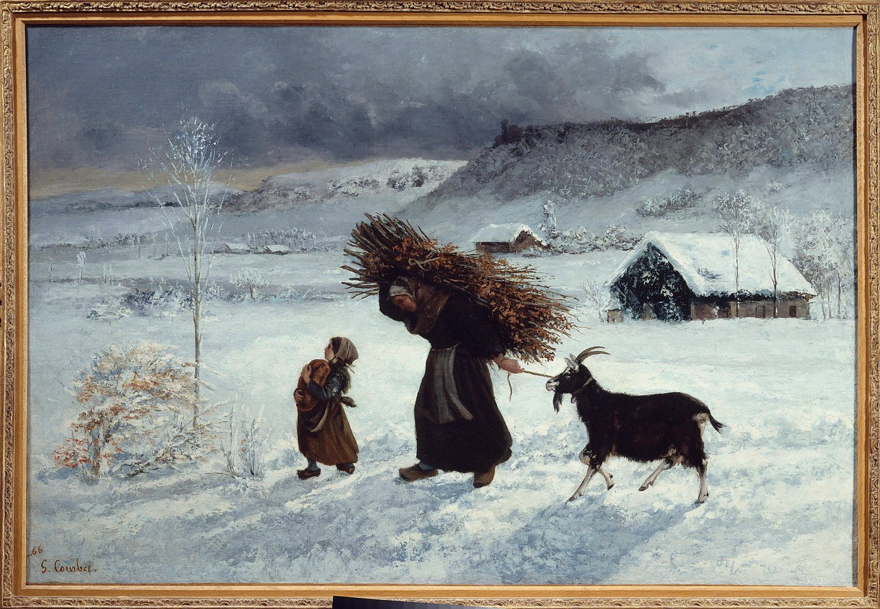 Povertà del villaggio, Ornans. Una contadina e sua figlia portano pane, fascine di legna e una capra come provviste invernali. Dipinto di Gustave Courbet da Gustave Courbet