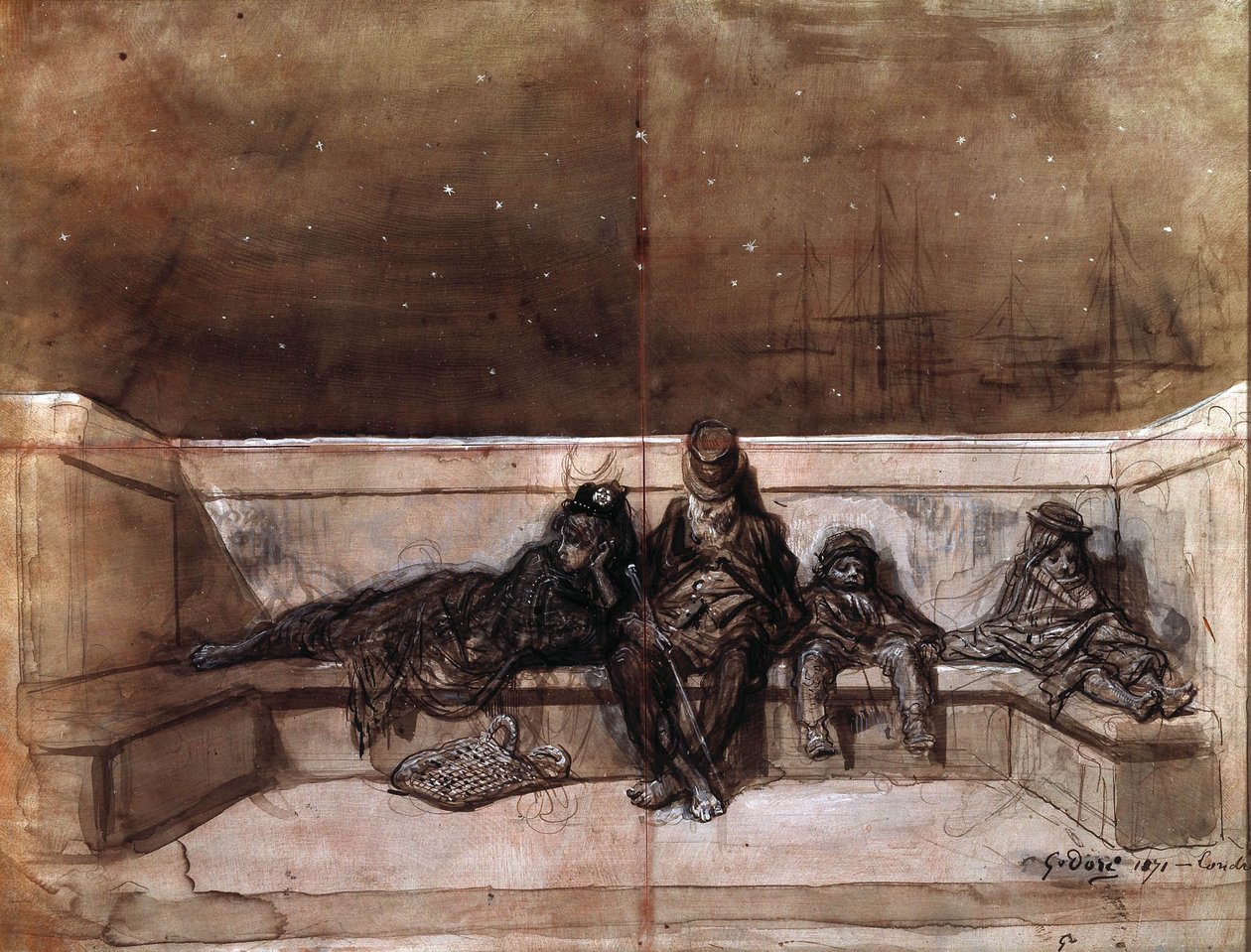 Una coppia e due bambini che dormono su un ponte di Londra) di Gustave Dore da Gustave Dore