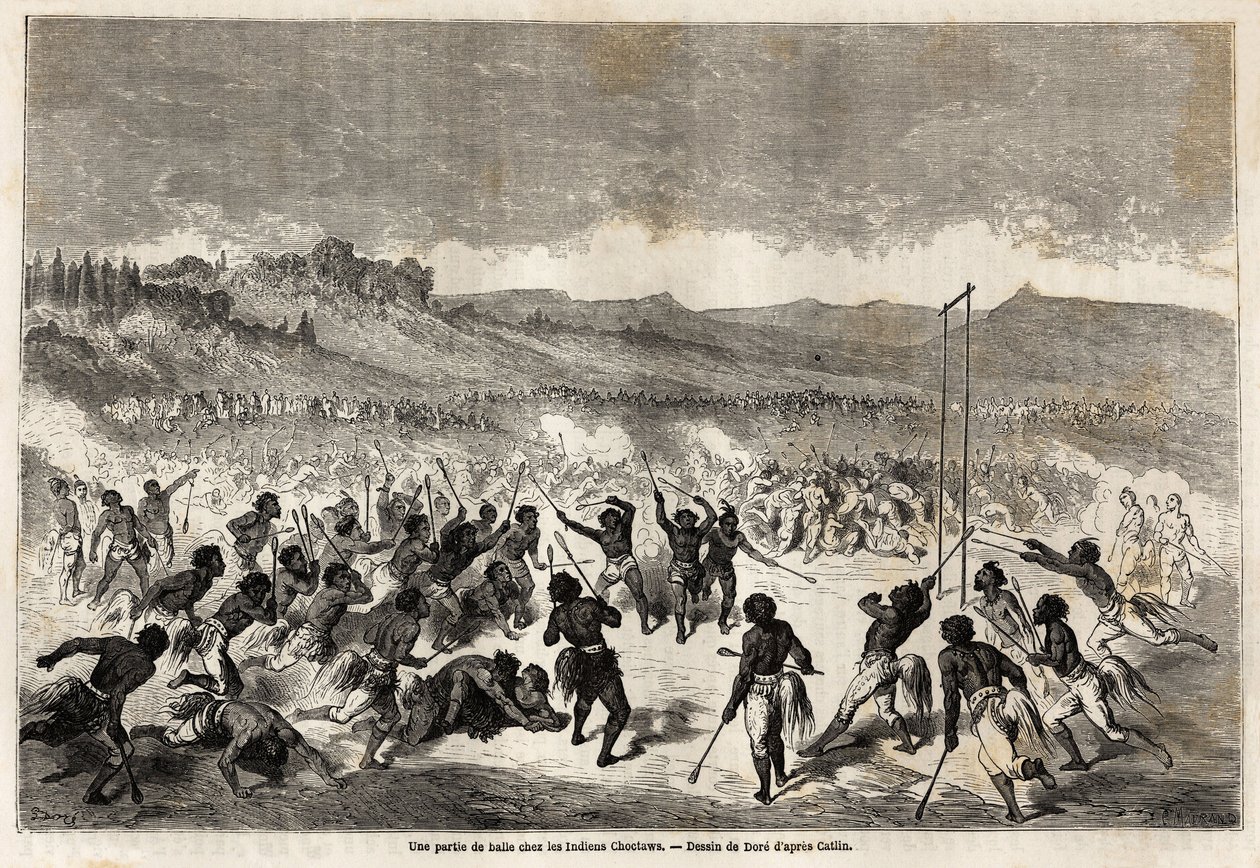 Un gioco con la palla tra gli indiani Choctaw, tribù della regione del Mississippi, disegnato da Gustave Doré, per illustrare il viaggio del Mississippi all