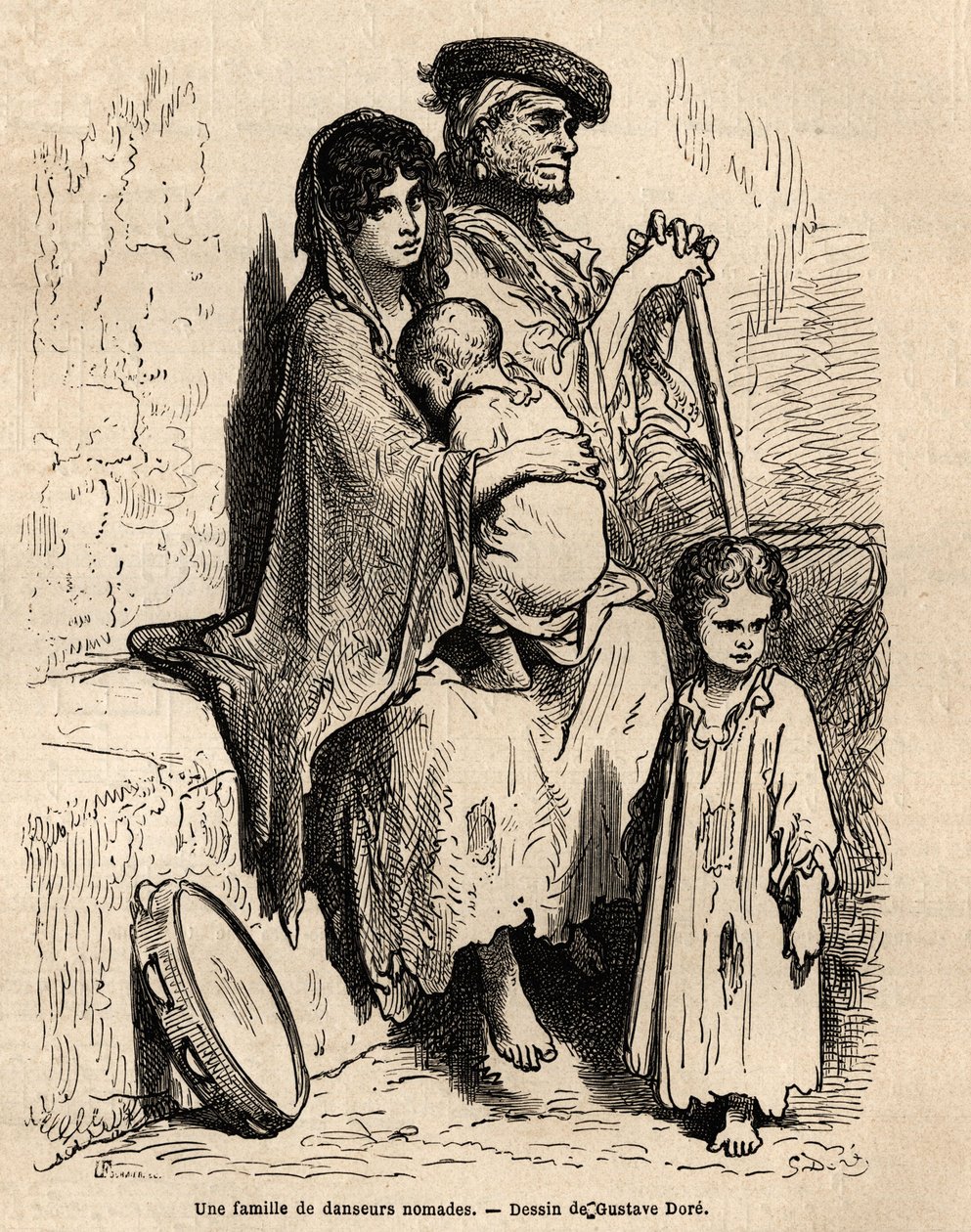 Una famiglia di ballerini nomadi che riposa nelle strade di Siviglia. Schizzo dal vivo di Gustave Dore (1832-1883). Incisione per illustrare il viaggio in Spagna, nel 1862 di Charles Davillier e Gustave Dore, in “Le tour du monde, nouveau journal des voyag da Gustave Dore