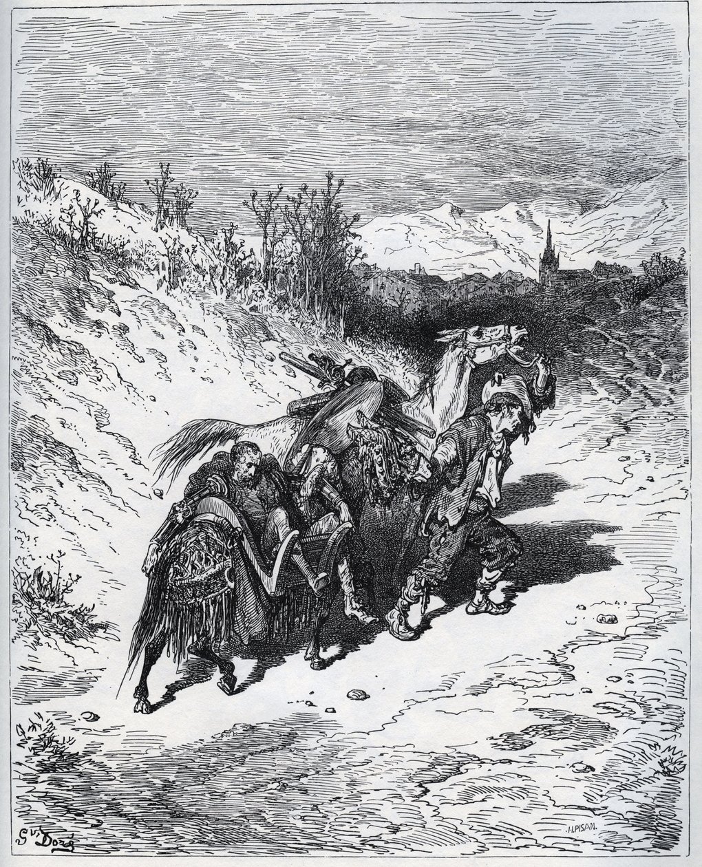 Un contadino riporta Don Chisciotte e Rossinante al villaggio - da "Don Chisciotte della Mancia" di Miguel Cervantes da Gustave Dore