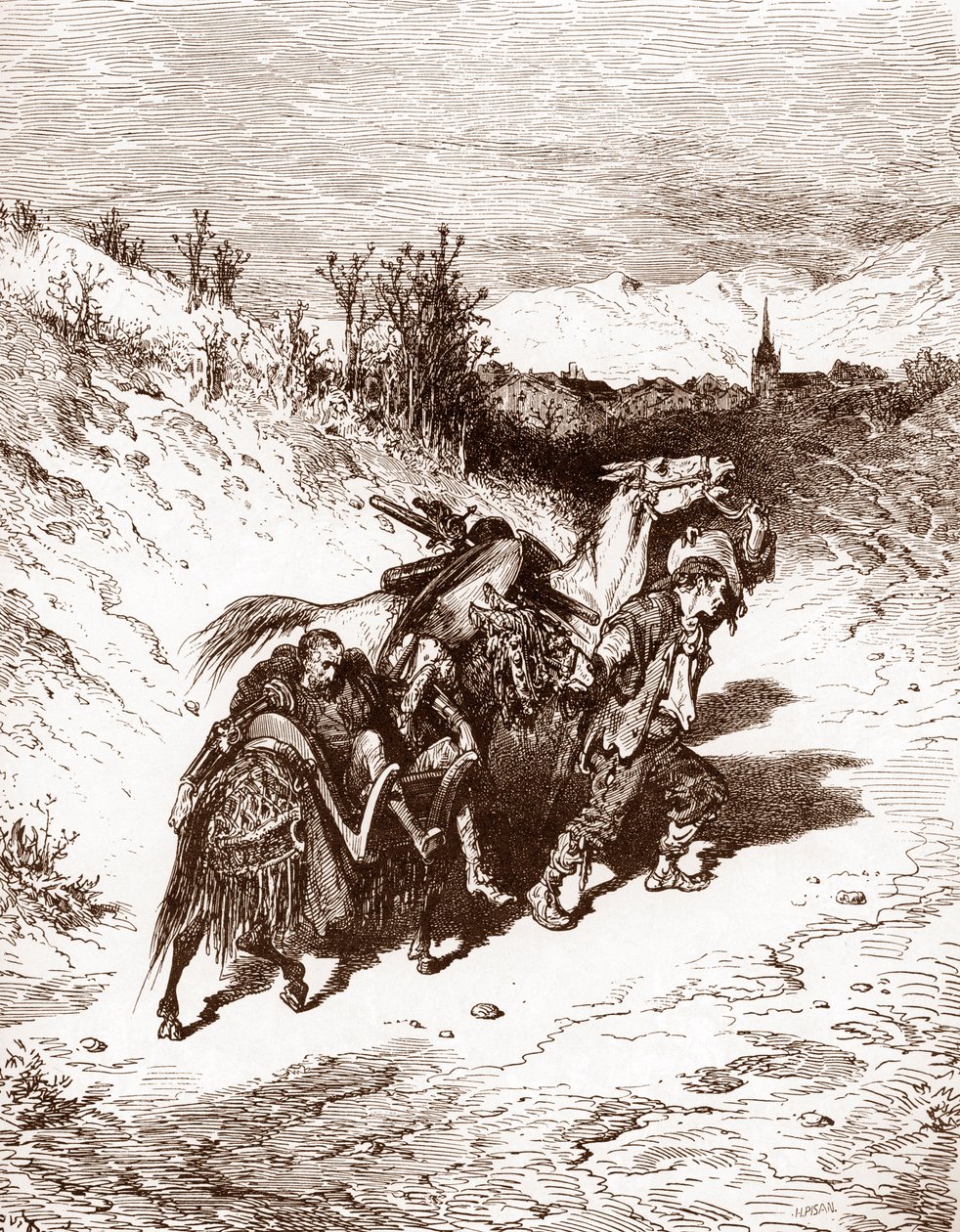 Un contadino del suo villaggio porta a casa Don Chisciotte Incisione di Gustave Doré (1832-1883) per 