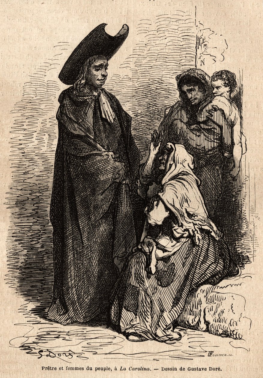 Un prete e una donna del popolo, vestiti di stracci; i mendicanti professionisti spagnoli si stabilirono nei cortili delle chiese per sfruttare abilmente la carità cristiana. Schizzo dal vivo di Gustave Dore (1832-1883). Incisione per illustrare il viaggio da Gustave Dore