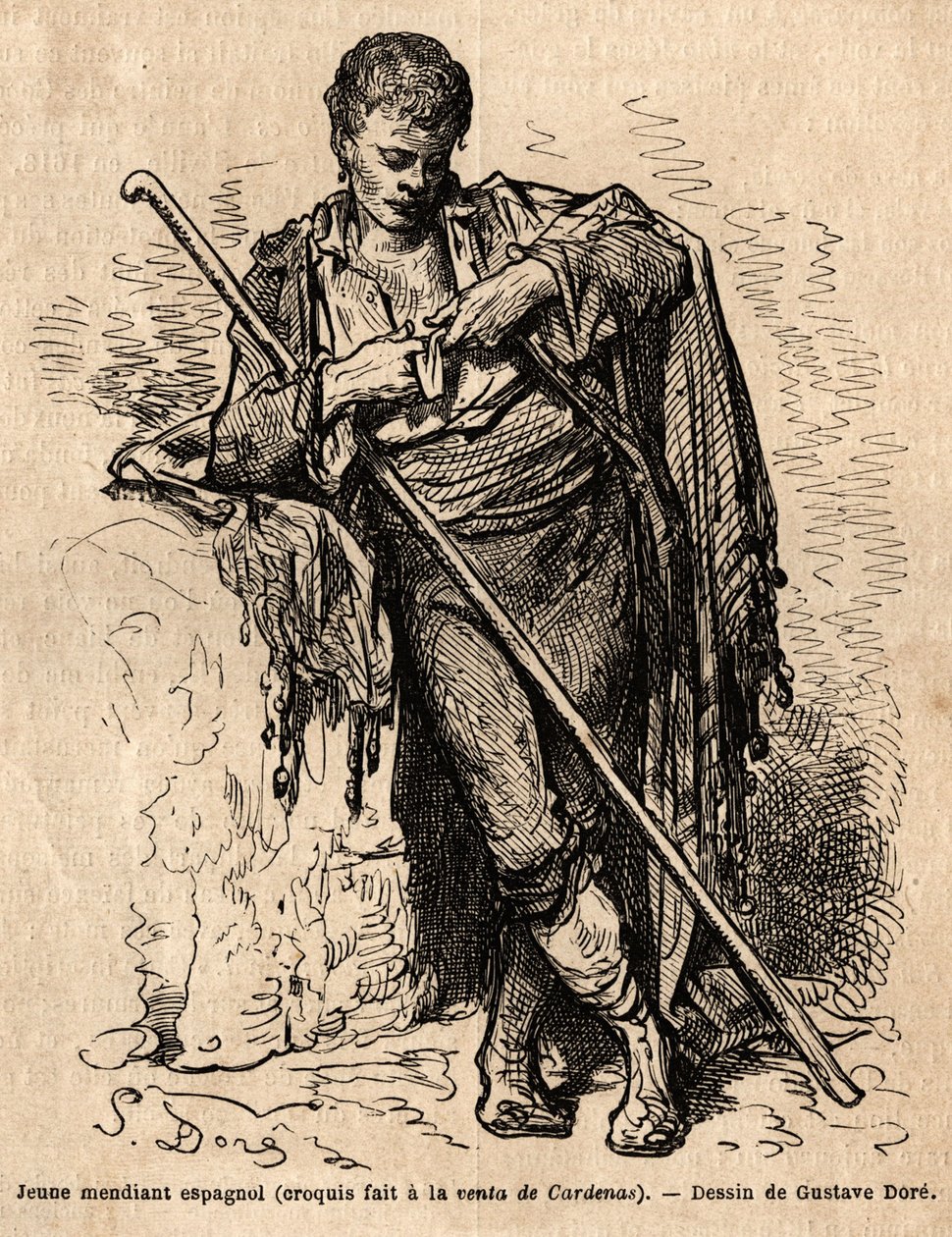 Un giovane mendicante, alla vendita di Cardenas, una locanda sulla strada di Almaden (provincia del Canale). Schizzo dal vivo di Gustave Doré (1832-1883). Incisione per illustrare il viaggio in Spagna, nel 1862 di Charles Davillier e Gustave Doré, in "Le t da Gustave Dore