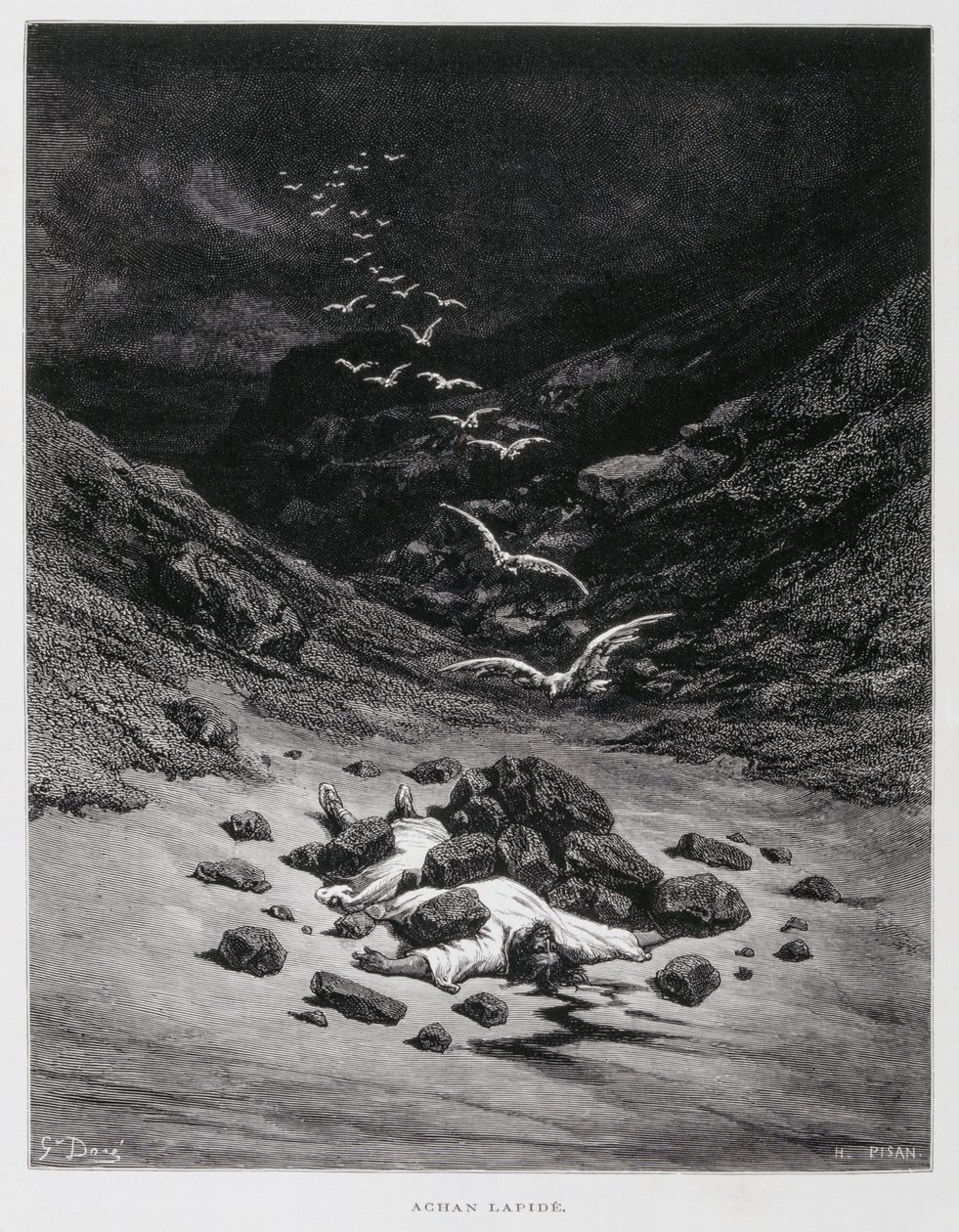 Acan viene lapidato a morte (Gios. 7:1,10-26), Illustrazione dalla Bibbia di Doré da Gustave Dore