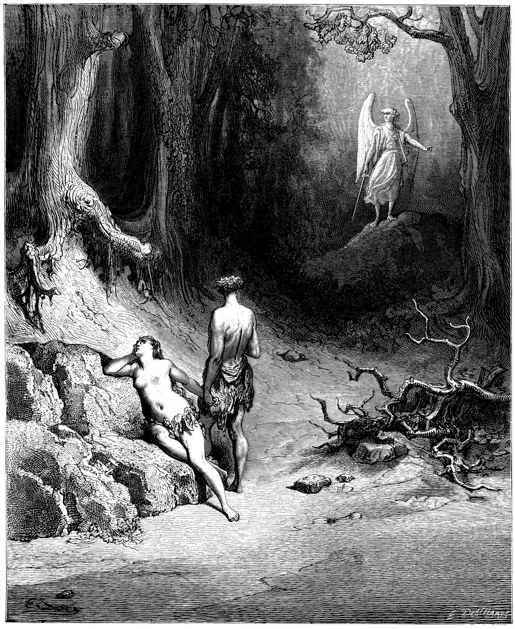 Adamo ed Eva sono cacciati dal Paradiso. Illustrazione di Gustave Doré per “Paradiso Perduto” di John Milton (1608-1674). Incisione del 1866. Collezione privata da Gustave Dore