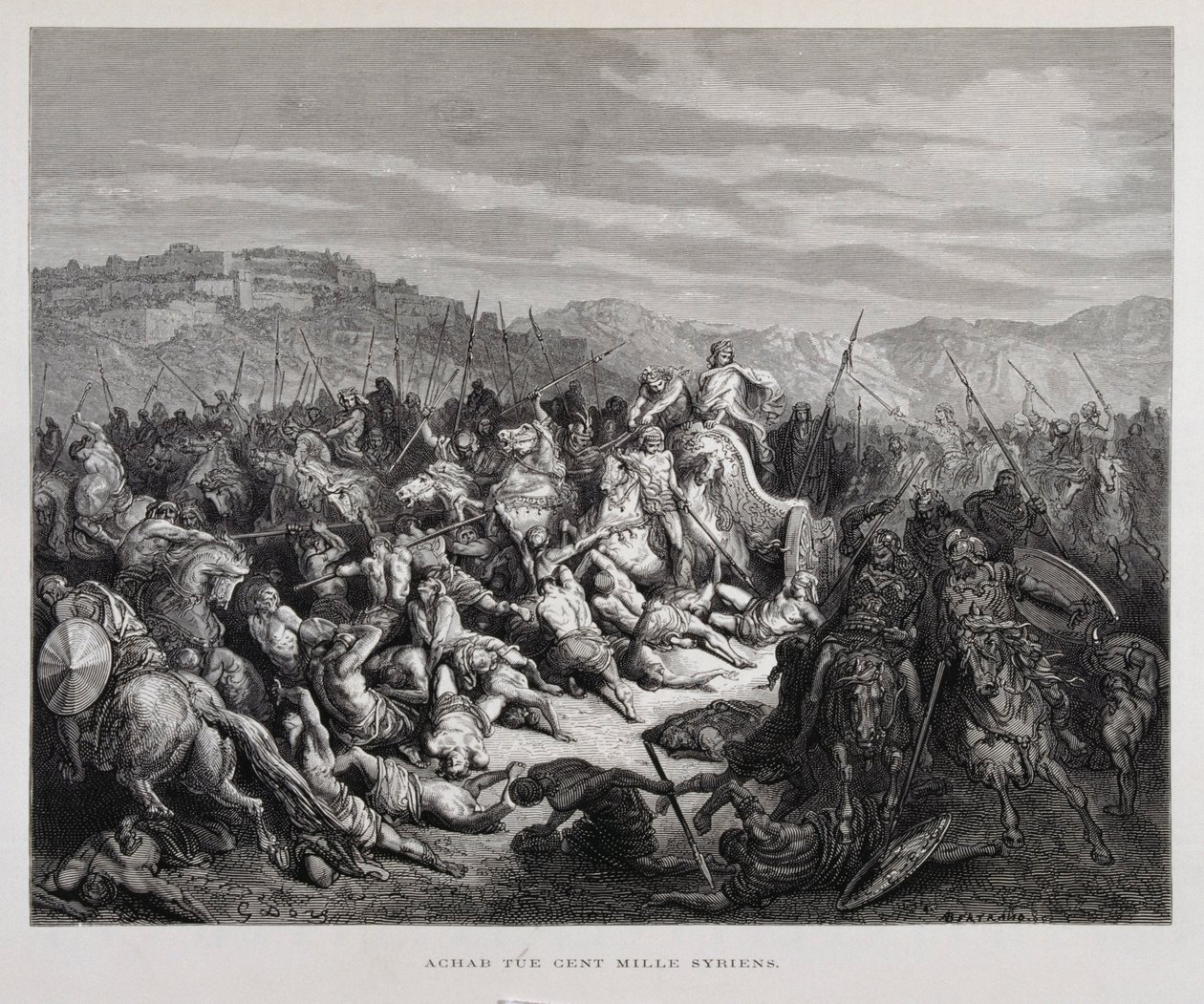 Acab combatte gli Assiri nella battaglia di Qarqar, illustrazione dalla Bibbia di Doré da Gustave Dore