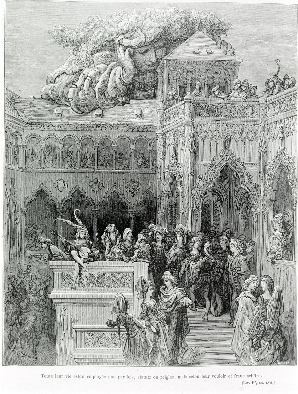 Tutta la loro vita era impiegata non da leggi, statuti o regole, ma secondo la loro volontà e libero arbitrio, dopo Gargantua (1534) di François Rabelais (1483-1553). Incisione di Gustave Doré (1832-1883) da Gustave Dore