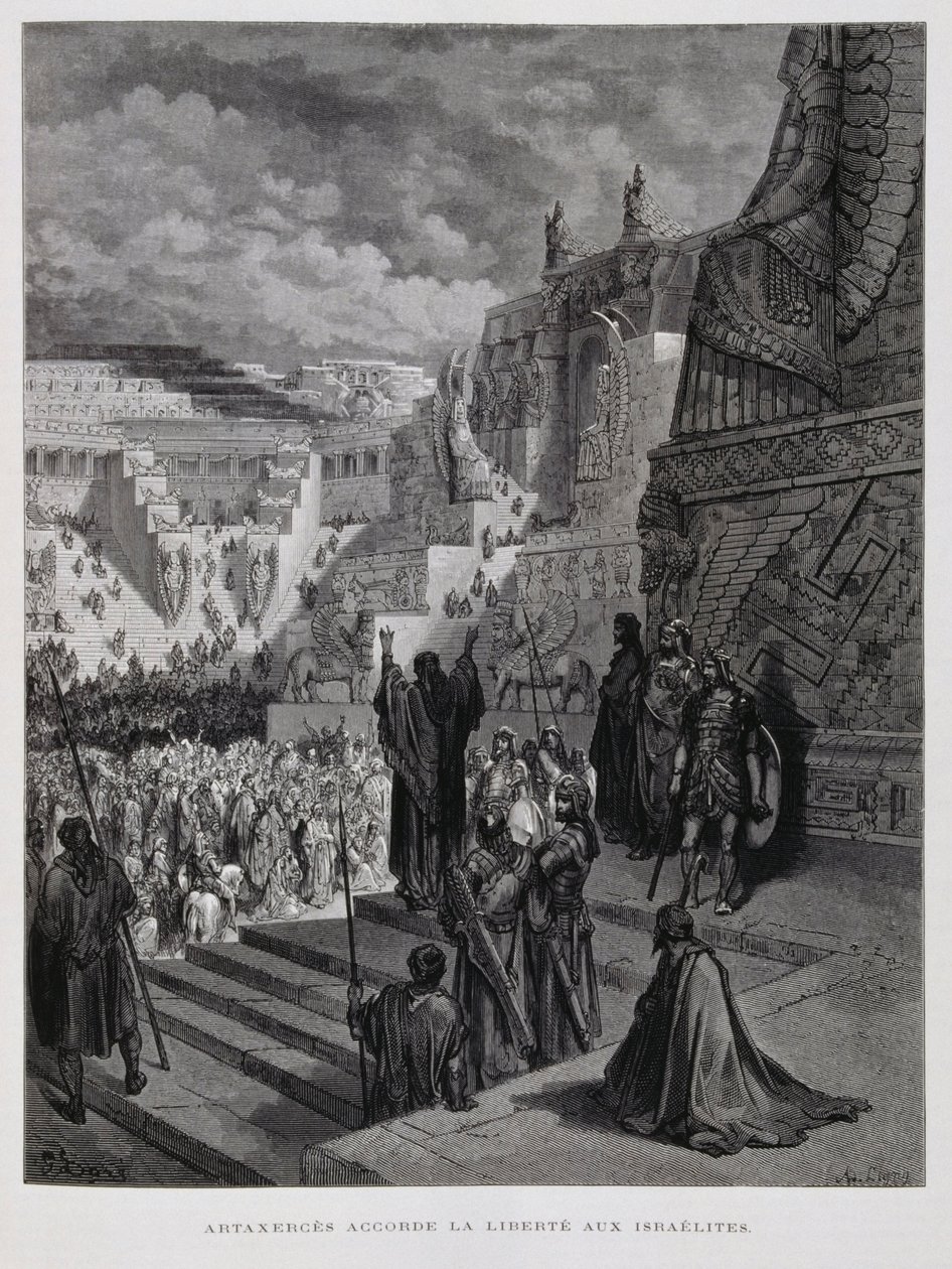 Artaserse concede la libertà agli ebrei in Persia, illustrazione dalla Bibbia di Dore da Gustave Dore