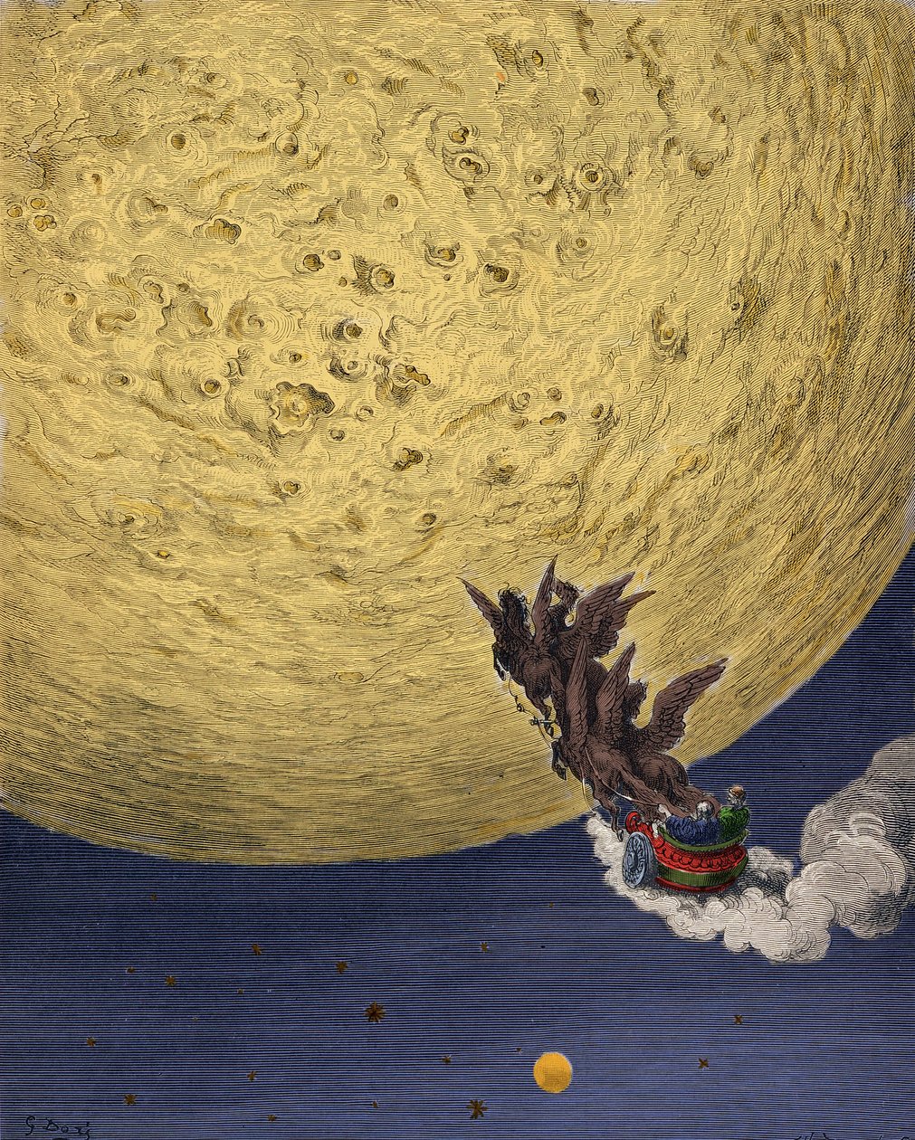 Astolfo sul carro di Elia parte per la luna per recuperare il senno di Orlando. Illustrazione di Gustave Doré (1832-1883) per 