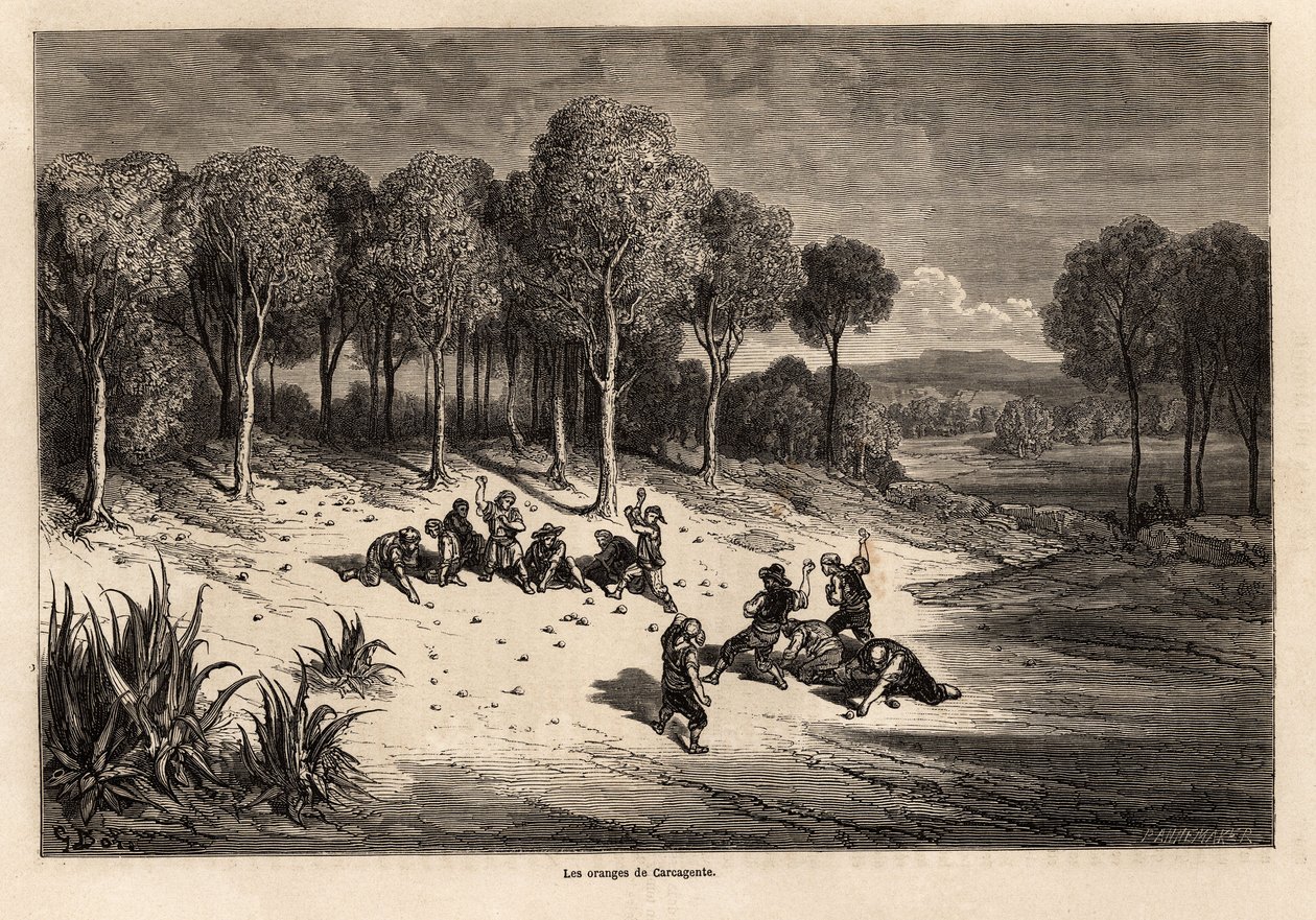 Battaglia delle Arance di Carcagente, disegno di Gustave Doré (1832-1883), per illustrare il suo viaggio in Spagna con C. Davillier, nel 1862. Incisione in "Le tour du monde", a cura di Edouard Charton. da Gustave Dore