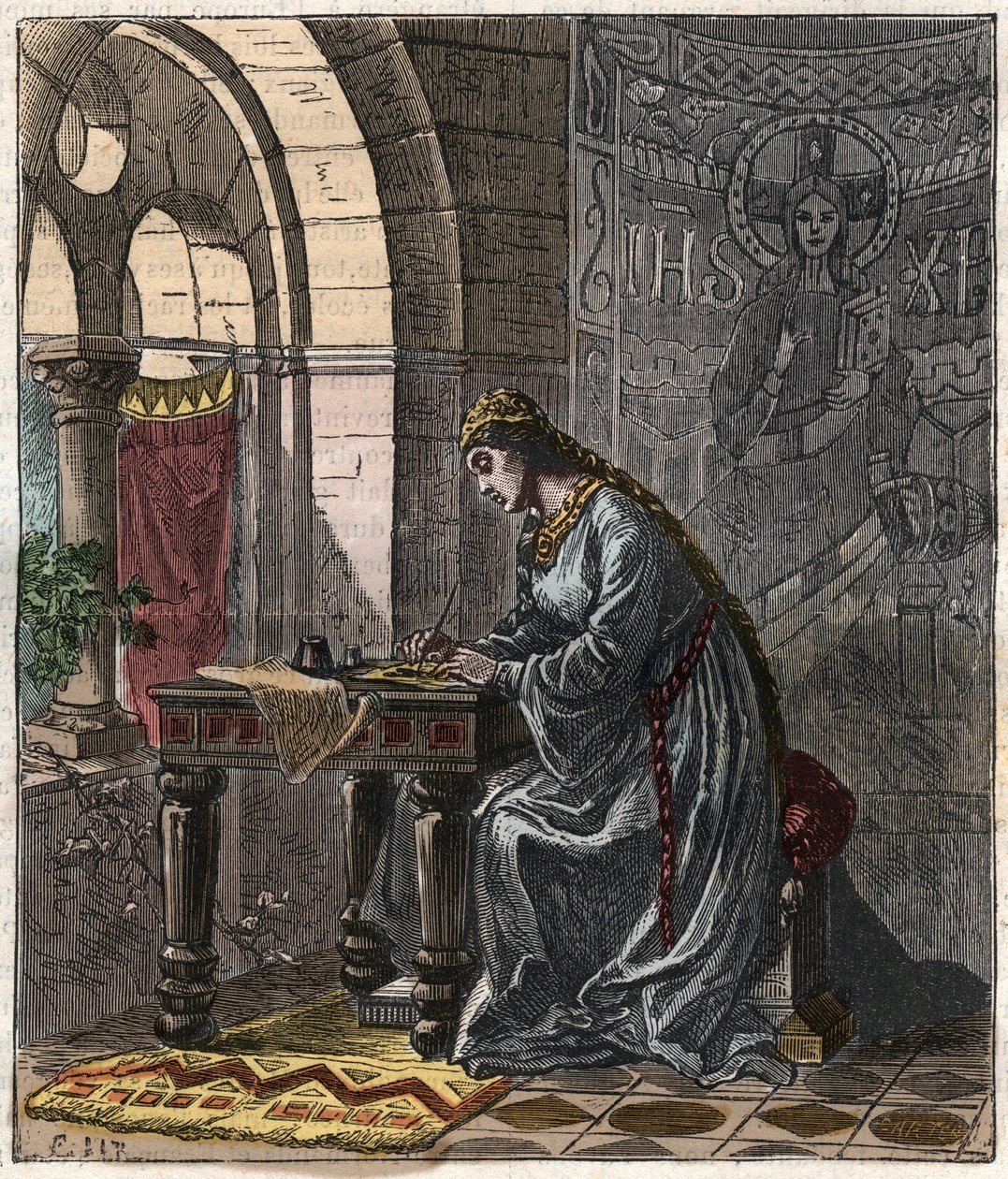 Bertrade di Montfort (1070-1117) Regina di Francia (moglie di Filippo I Re di Francia) a Fontevrault - Incisione di Gustave Doré del XIX secolo in "National History Illustrated of France from the Most Retreated Times to the Today" 1876 - Collezione privata da Gustave Dore