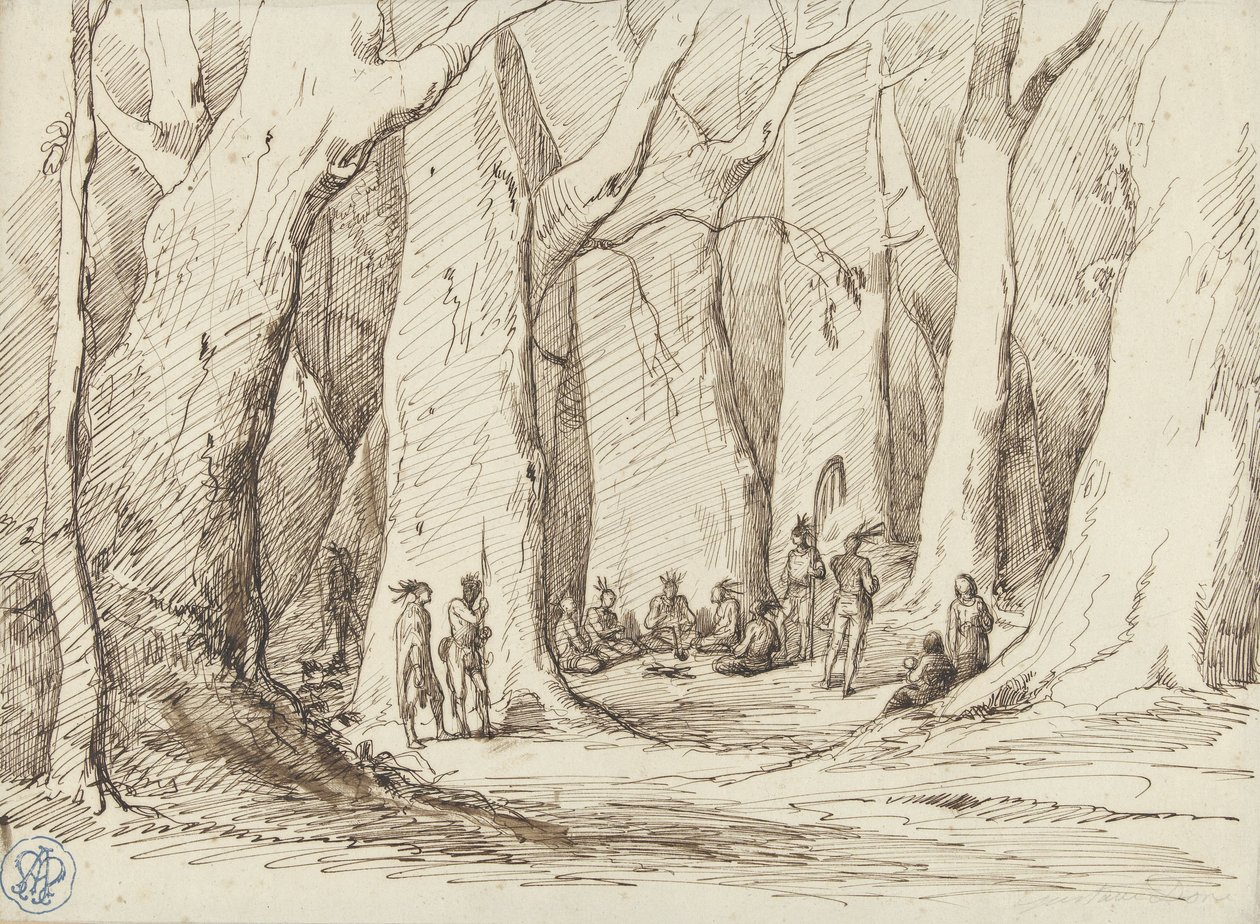 Riunione di nativi americani in una foresta da Gustave Dore