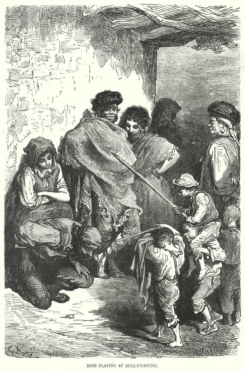 Ragazzi che giocano a combattere con i tori (incisione) da Gustave Dore