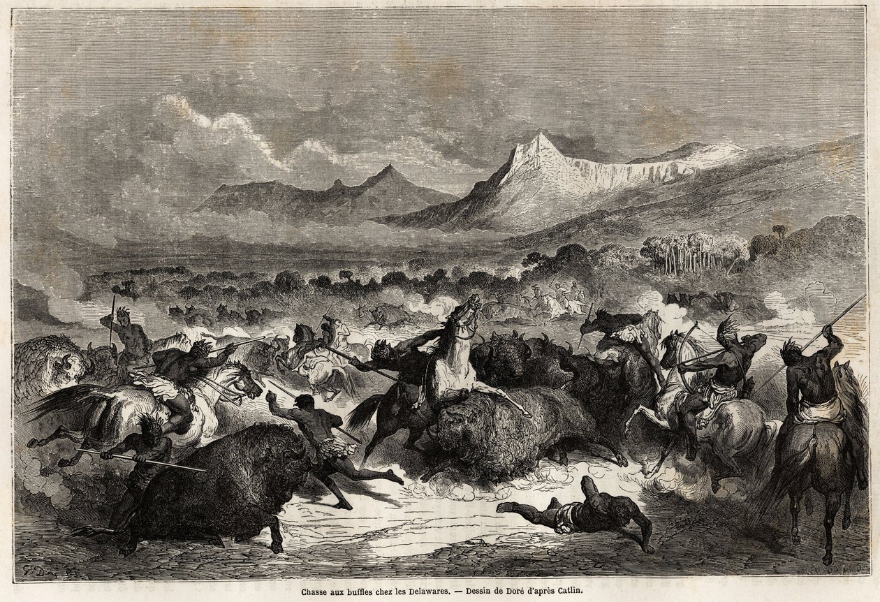 Caccia al bufalo tra i Delaware, Amerindi che vivono sulle rive del fiume omonimo. Disegno di Gustave Doré per illustrare il viaggio dal Mississippi all