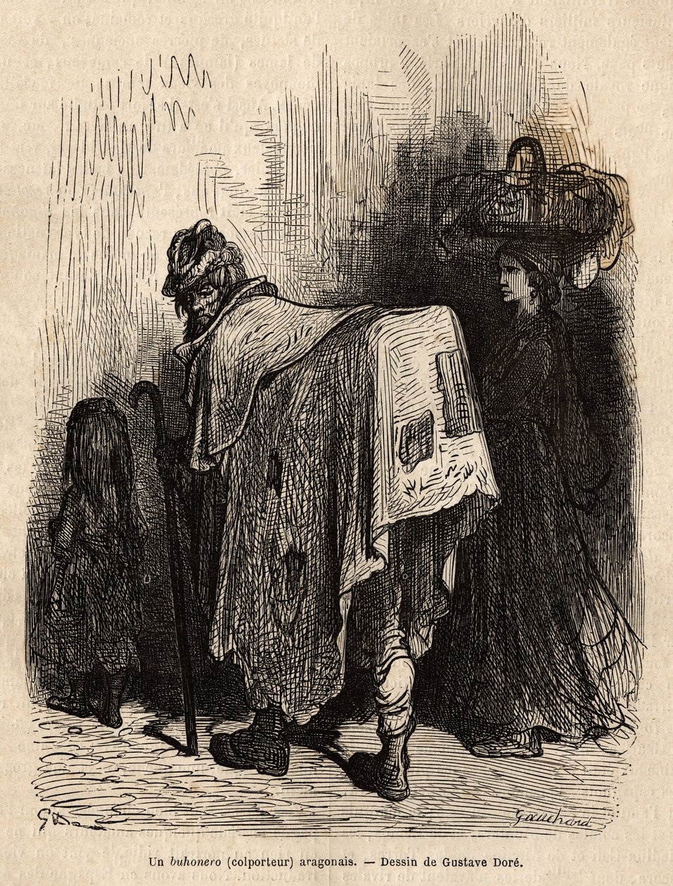 Buhonero, venditore ambulante aragonese. Disegno di Gustave Doré (1832-1883). Incisione per illustrare il viaggio in Spagna, di Charles Davillier, nel 1862, pubblicato in "Le tour du monde" 1872, a cura di Edouard Charton, edizione Hachette, Parigi da Gustave Dore
