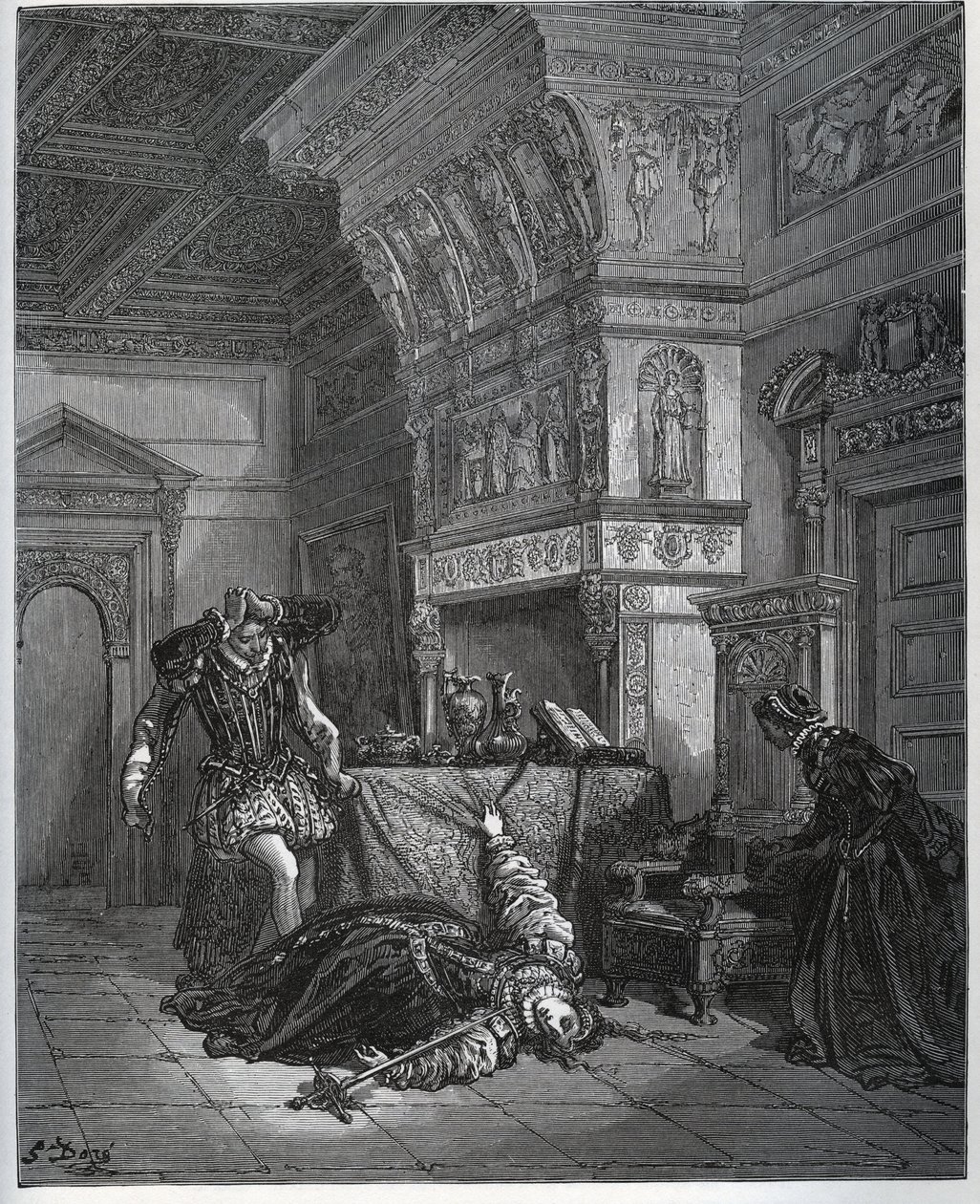 Camille finge suicidio davanti a Lothaire e Leonella - da “Don Chisciotte della Mancia” di Miguel Cervantes - xilografia dopo disegno di Gustave Doré da Gustave Dore