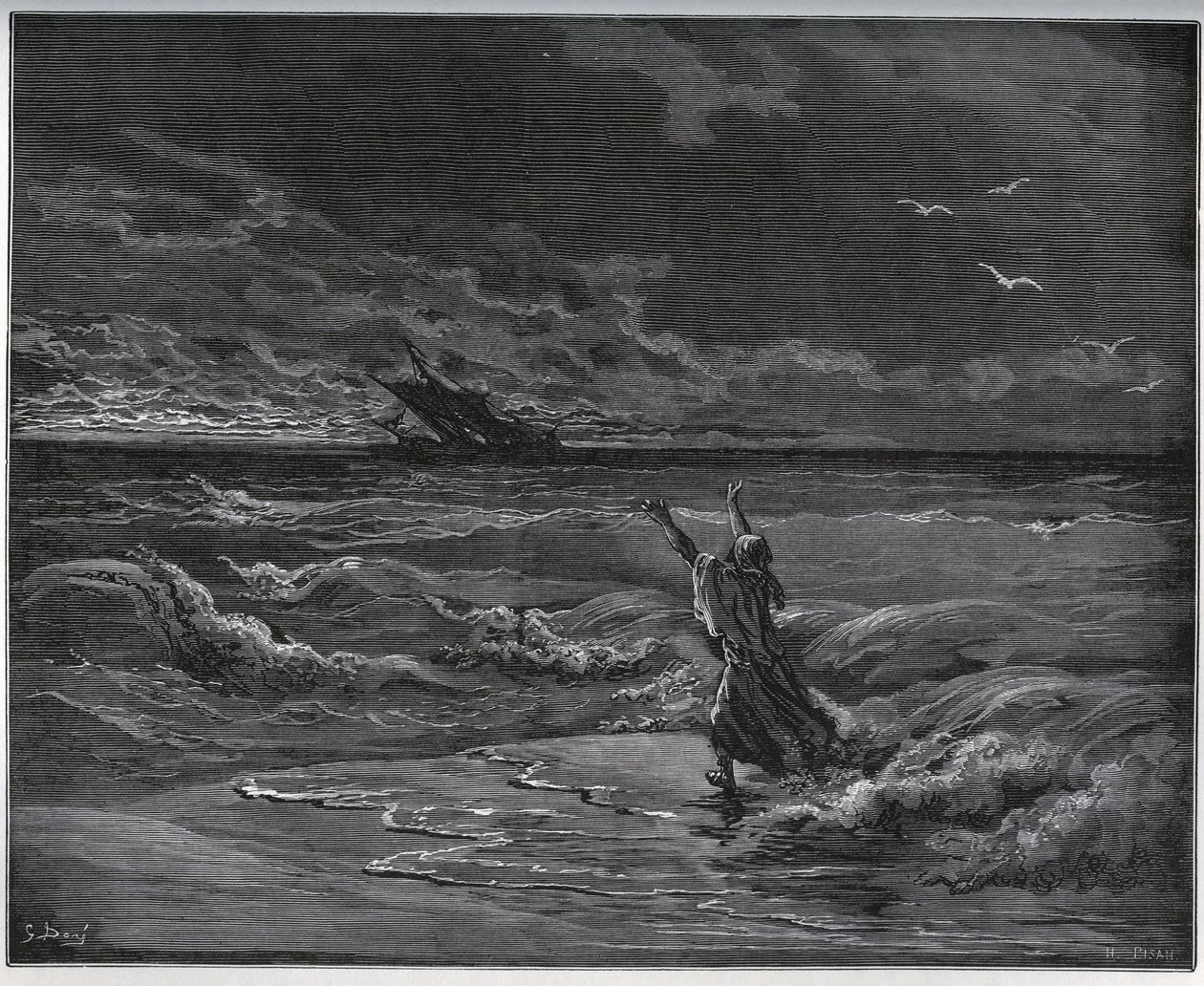 Storia del prigioniero. Aagi-Morato, il padre di Zoraide, è sulla barca sulla riva da “Don Chisciotte della Mancia” di Miguel Cervantes - xilografia dopo disegno di Gustave Doré da Gustave Dore