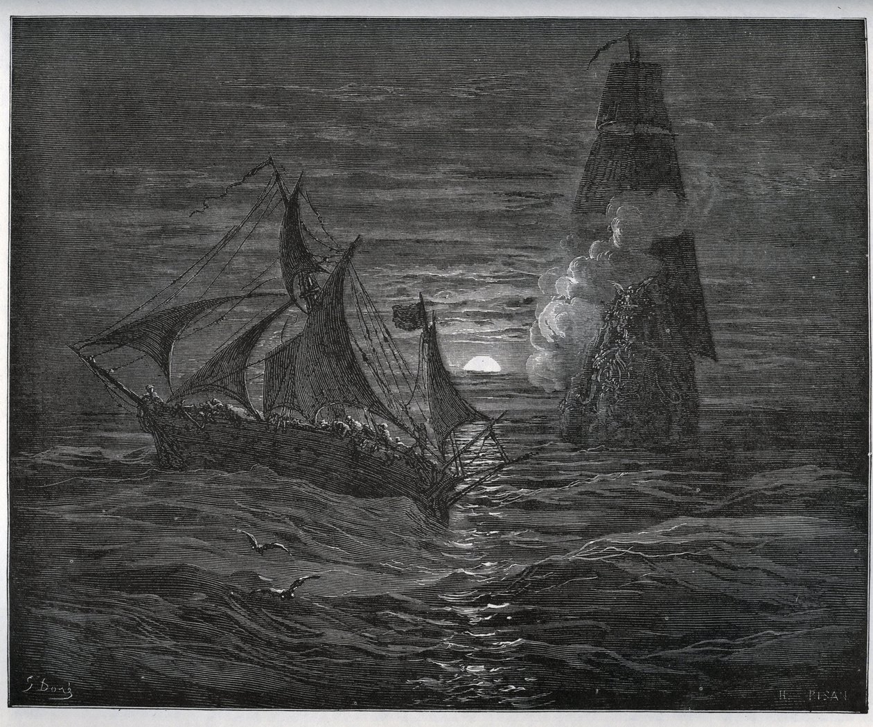 Storia del prigioniero. La barca di fuga spagnola è attaccata da una nave francese da “Don Chisciotte della Mancia” di Miguel Cervantes - xilografia dopo disegno di Gustave Doré da Gustave Dore