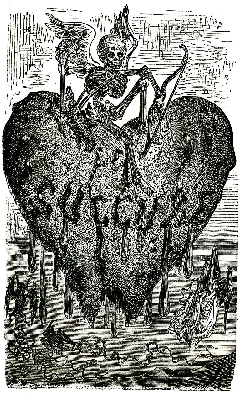 Illustrazione di testa di capitolo di Gustave Doré per i Racconti Drolatici (1855) di Honoré de Balzac: il succubo (vampiro) - scheletro, morte, cuore, sangue da Gustave Dore