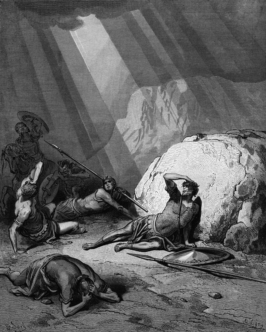 Conversione di San Paolo sulla strada per Damasco. Atti 9. Da Bibbia di Gustave Doré 1865-1866. Incisione su legno. Il potere di Dio è rappresentato come un raggio di luce. da Gustave Dore