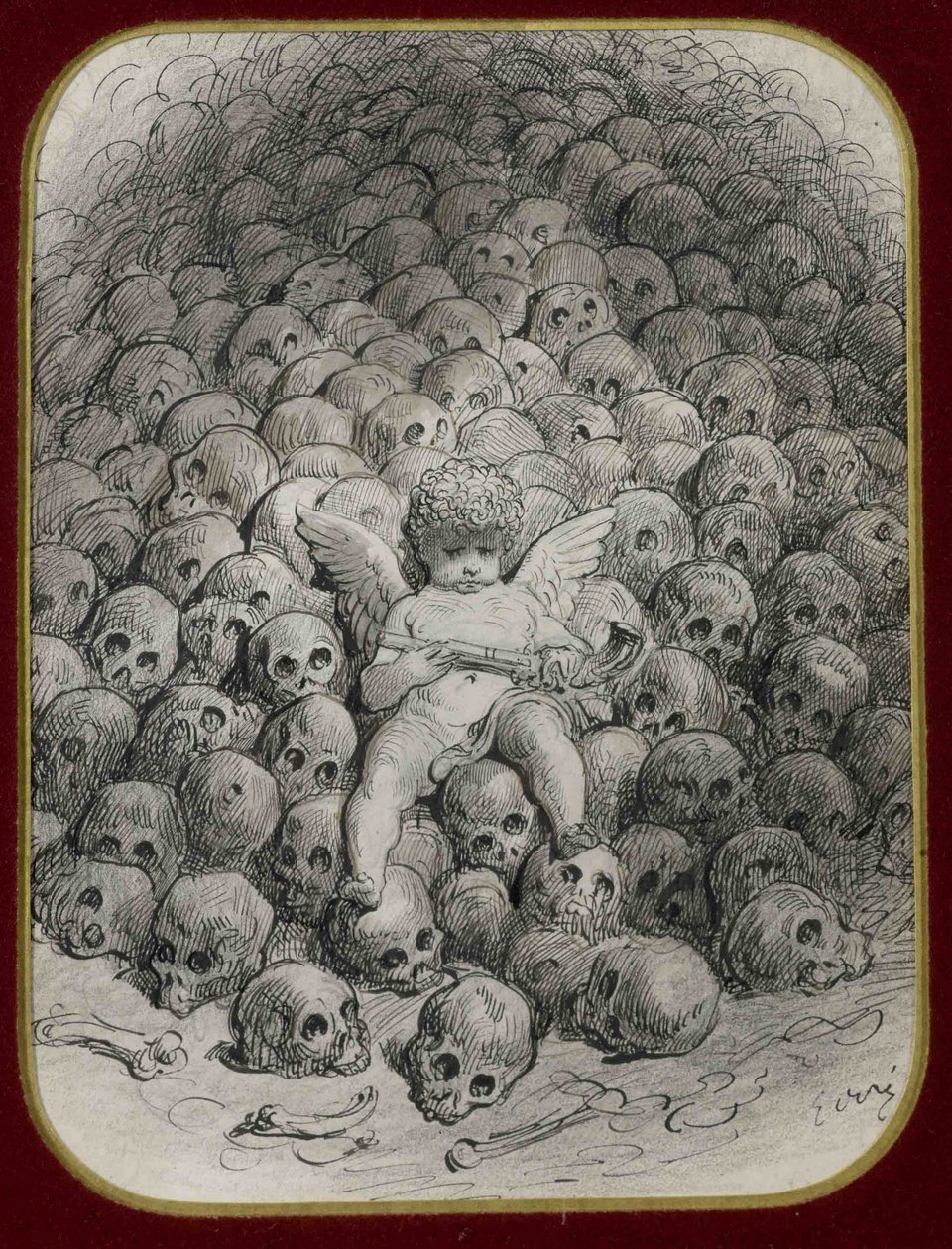 Cupido armato di una pistola seduto su una montagna di teschi da Gustave Dore