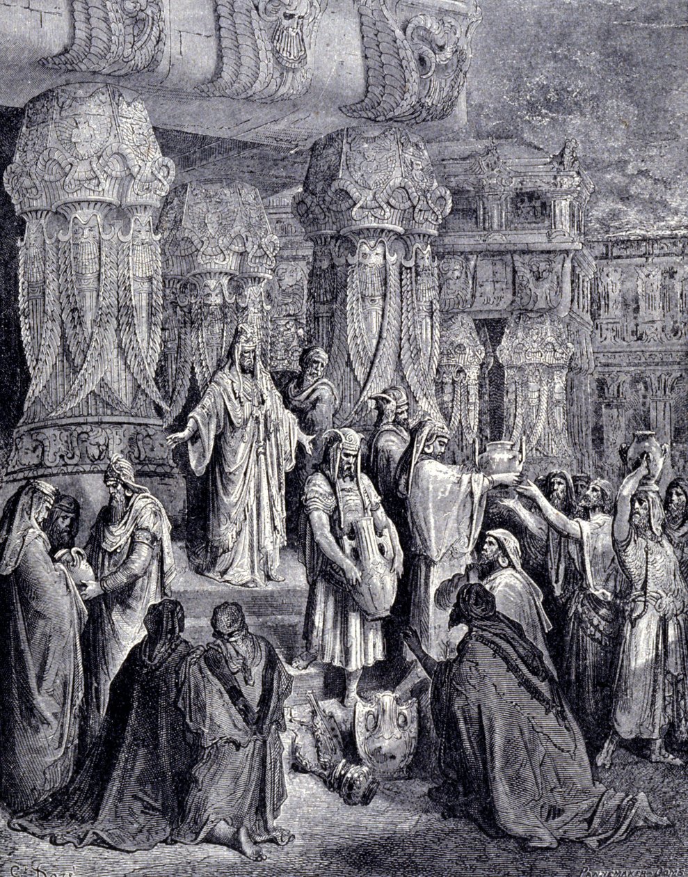 Ciro II il Grande (580 a.C. - 530 a.C.) liberò i popoli prigionieri al suo arrivo a Babilonia nel 539 a.C. e restituì al popolo ebraico i vasi sacri che erano stati presi come bottino nel tempio di Gerusalemme. Incisione di Gustave Doré. da Gustave Dore