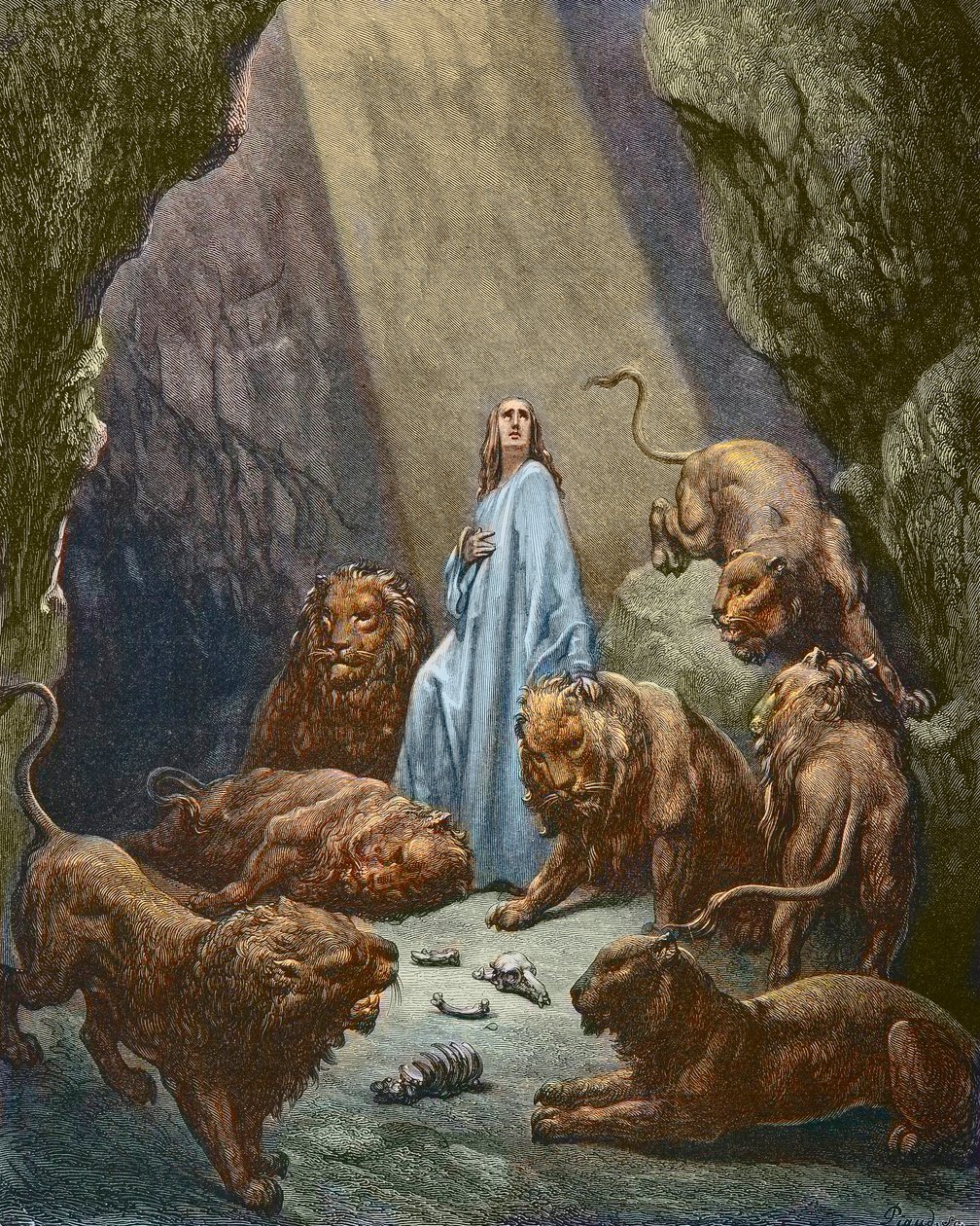 Daniele nella fossa dei leoni - incisione di Gustave Doré - colorazione successiva da Gustave Dore