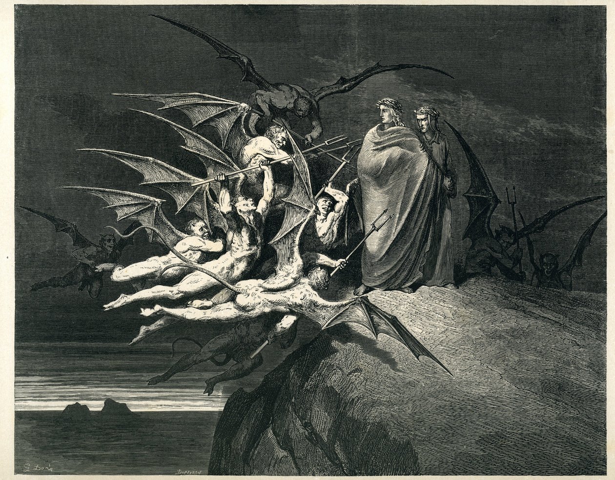 Dante e Virgilio affrontano i demoni. Incisione da L