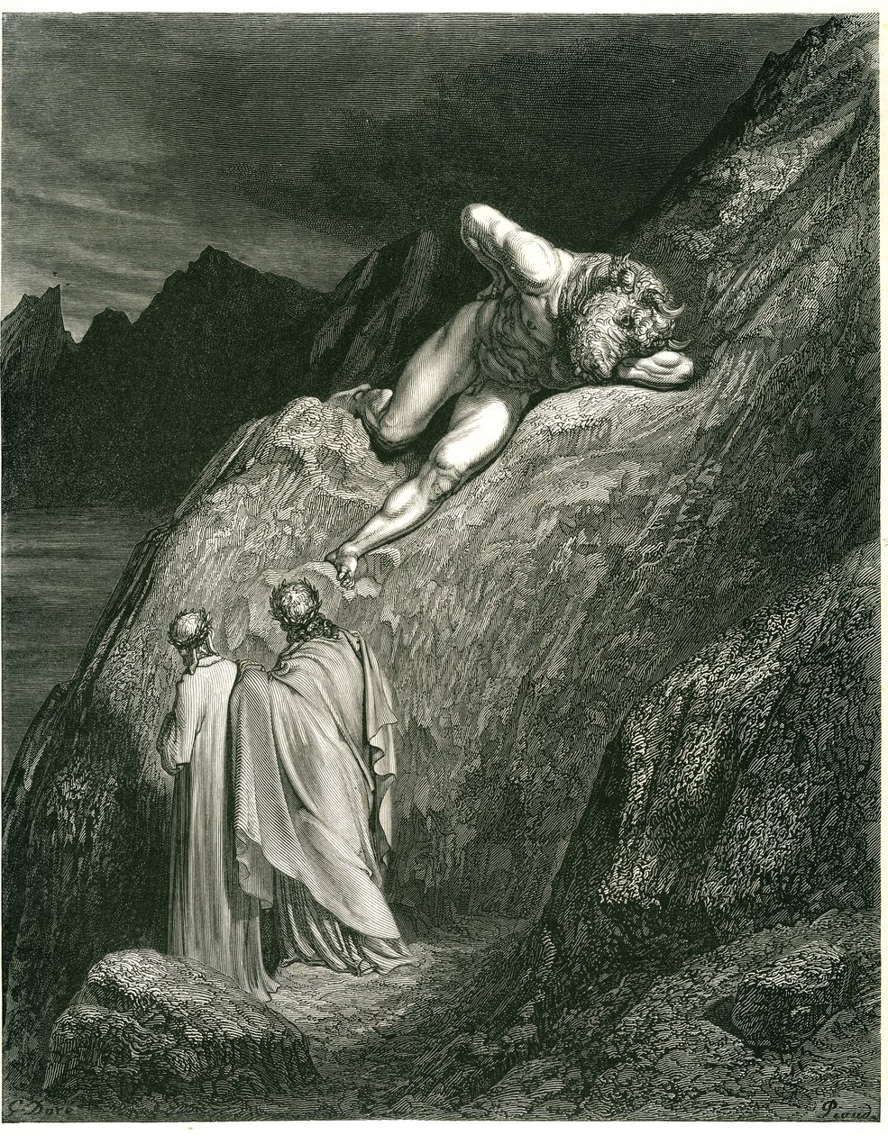 Dante e Virgilio incontrano il Minotauro. Incisione dall