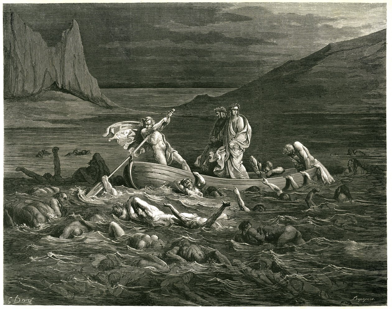 Dante e Virgilio navigano, guidati dal Nocchiero Flegias, sullo Stige in cui i dannati stanno guadando, che cercano di salire sulla barca. Incisione da L
