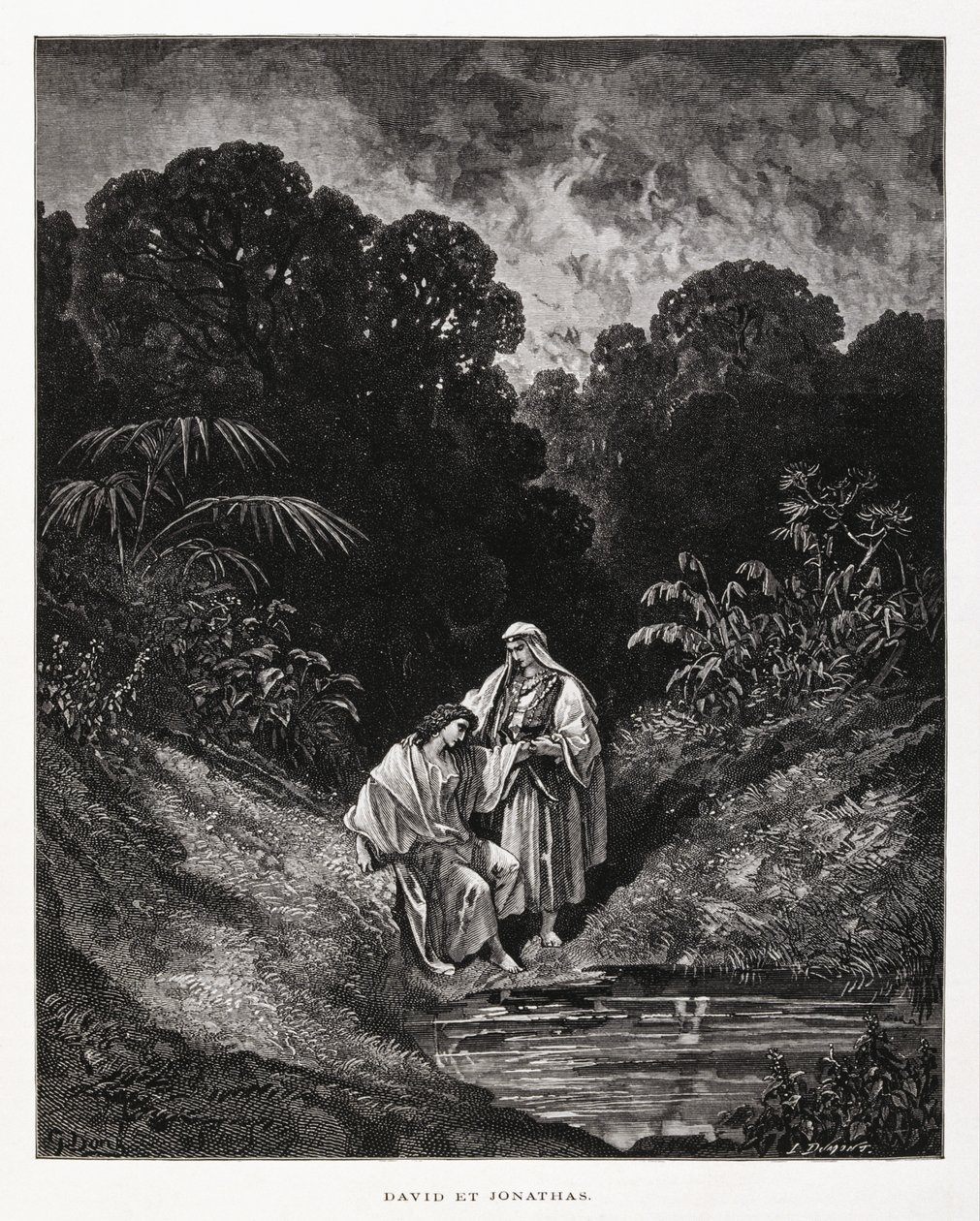 Davide e Gionata, figure eroiche del Regno di Israele, che formarono un patto di amicizia registrato nei libri di Samuele, Illustrazione dalla Bibbia di Doré da Gustave Dore