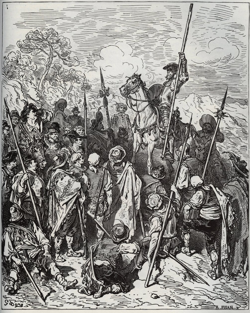 Don Chisciotte e Sancho con lo squadrone dei villani raglianti - da Don Chisciotte della Mancia di Miguel Cervantes (1547-1616) - xilografia su disegno di Gustave Doré da Gustave Dore