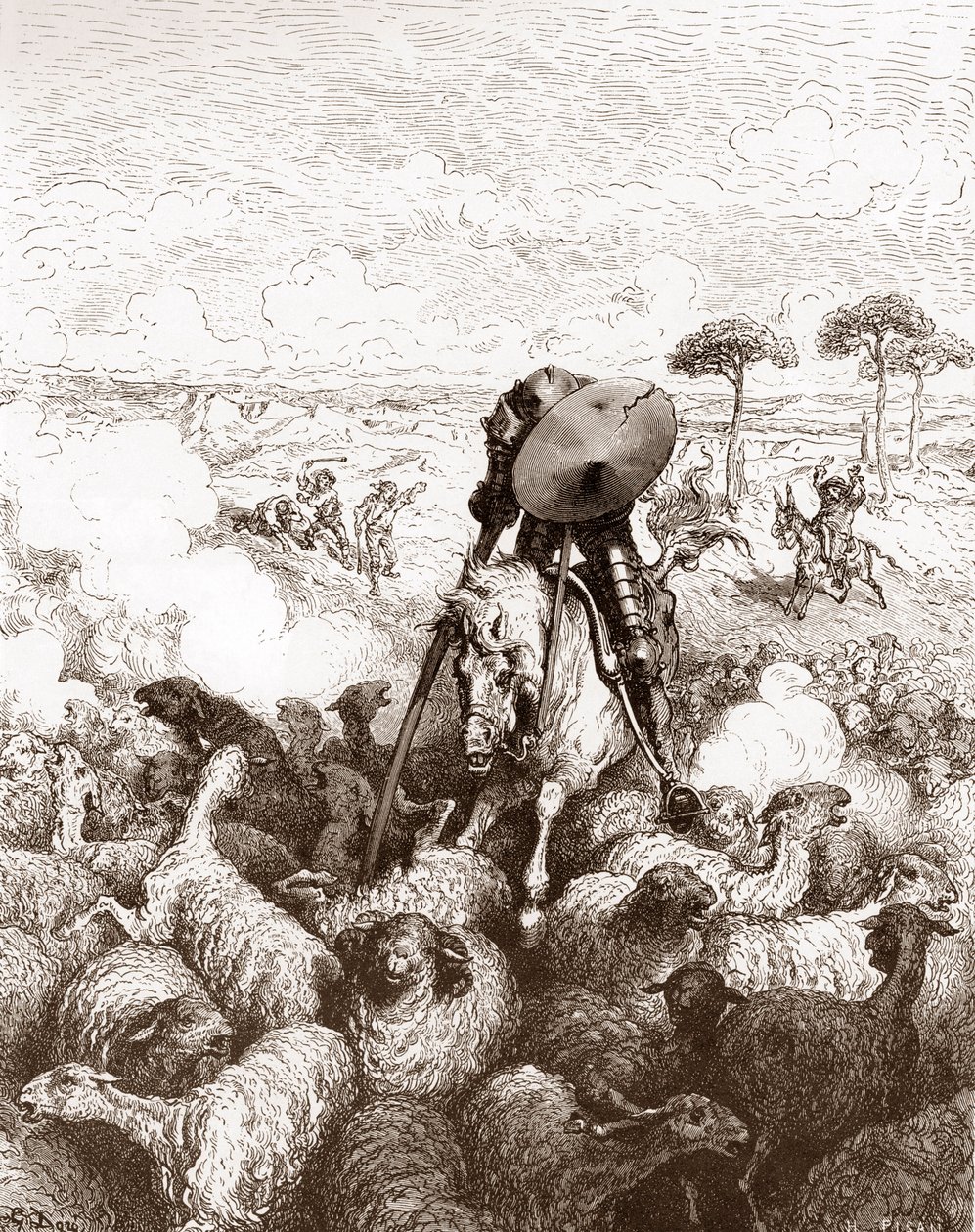 Don Chisciotte attacca il gregge di pecore. Incisione di Gustave Doré per 